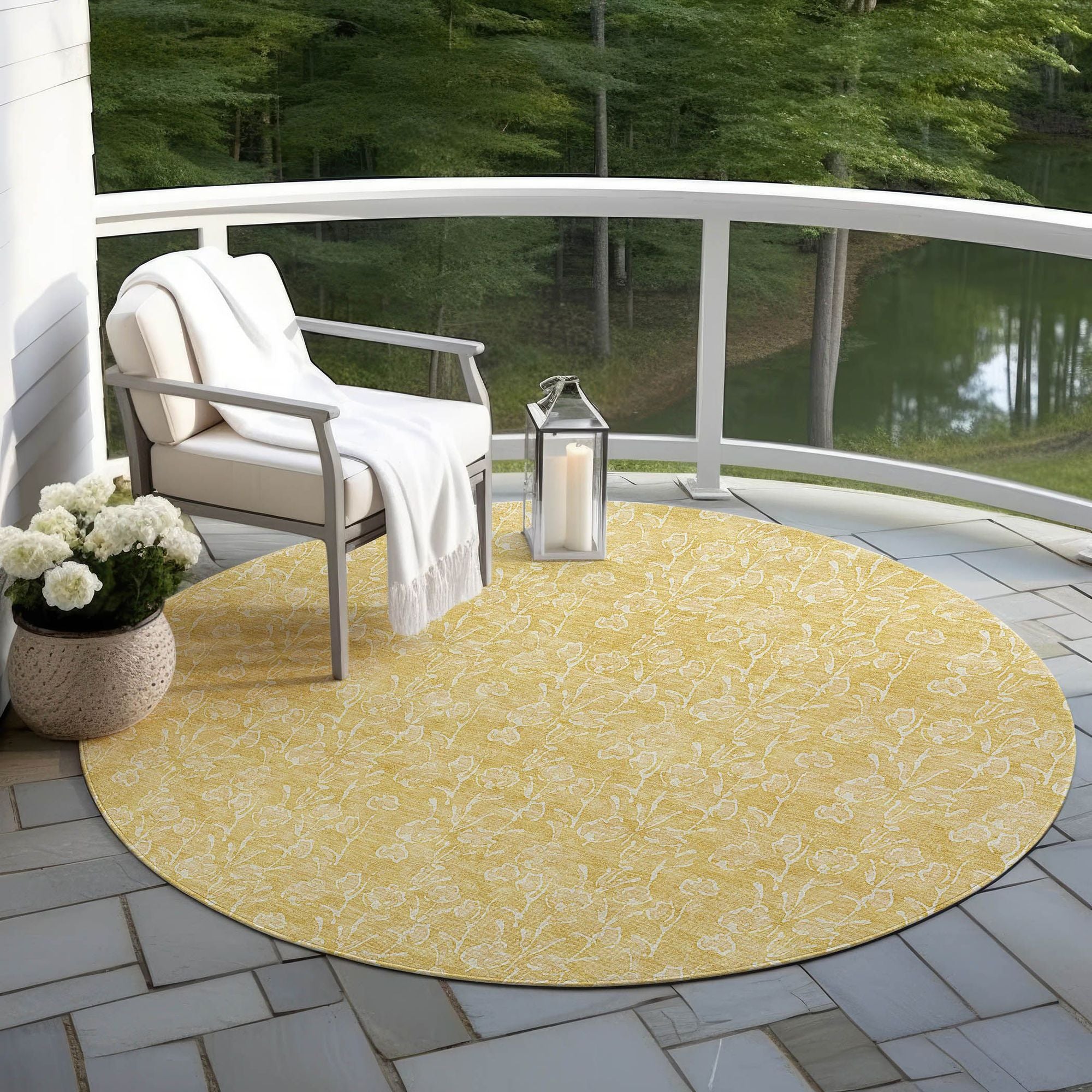 Machine Washable Gold Rug - Indoor / Outdoor - Kids / Pet Friendly Floral Print Rug