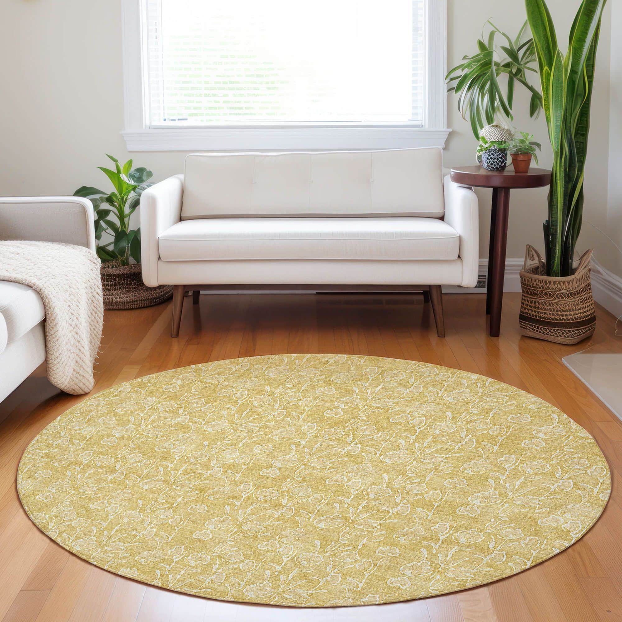 Machine Washable Gold Rug - Indoor / Outdoor - Kids / Pet Friendly Floral Print Rug