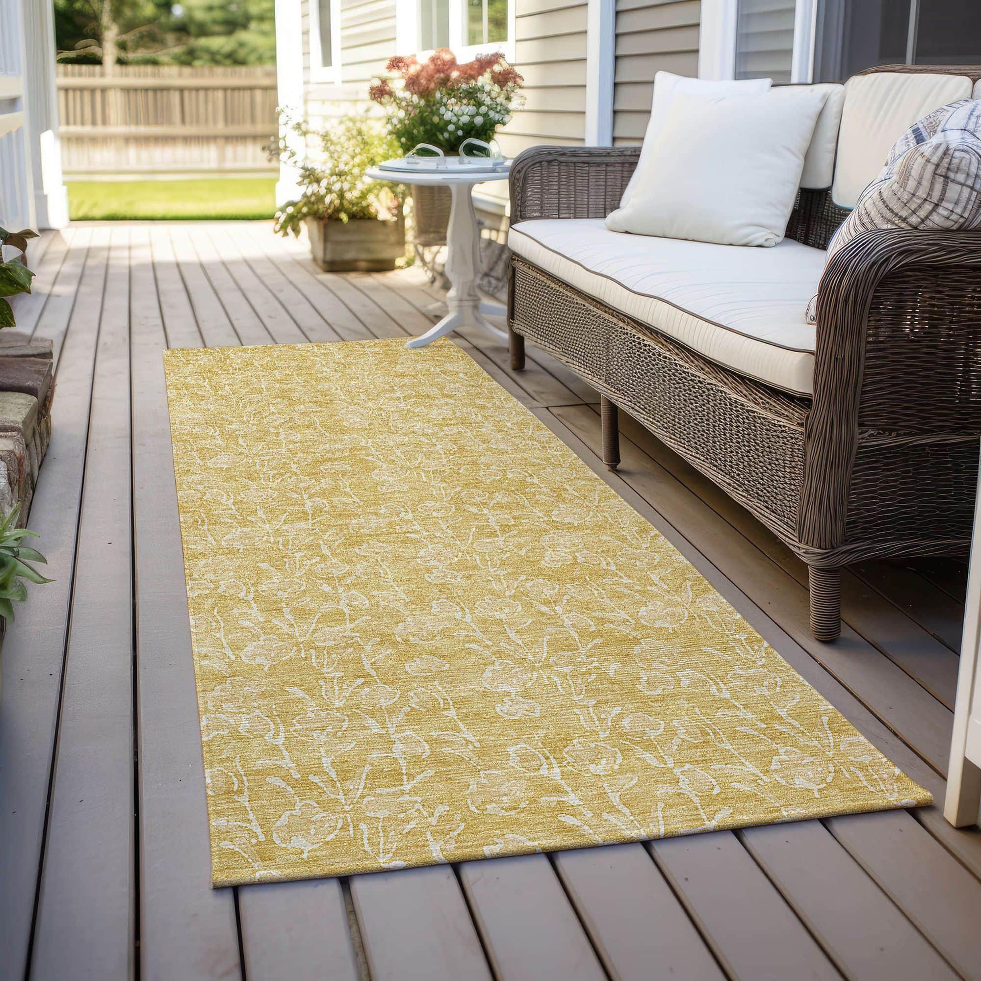 Machine Washable Gold Rug - Indoor / Outdoor - Kids / Pet Friendly Floral Print Rug