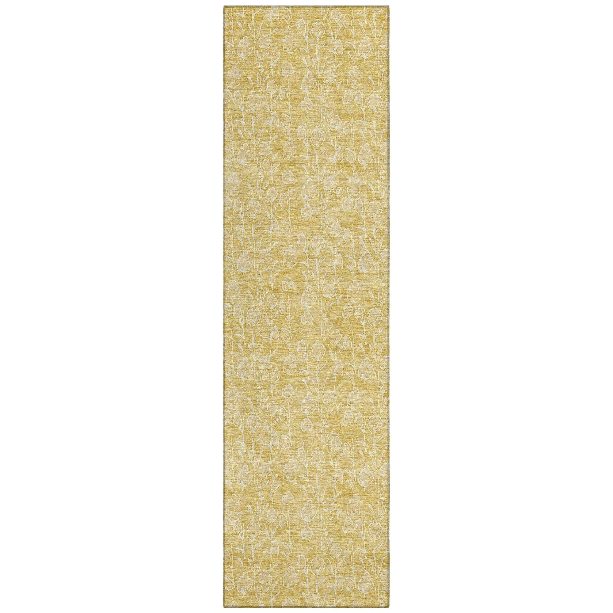 Machine Washable Gold Rug - Indoor / Outdoor - Kids / Pet Friendly Floral Print Rug