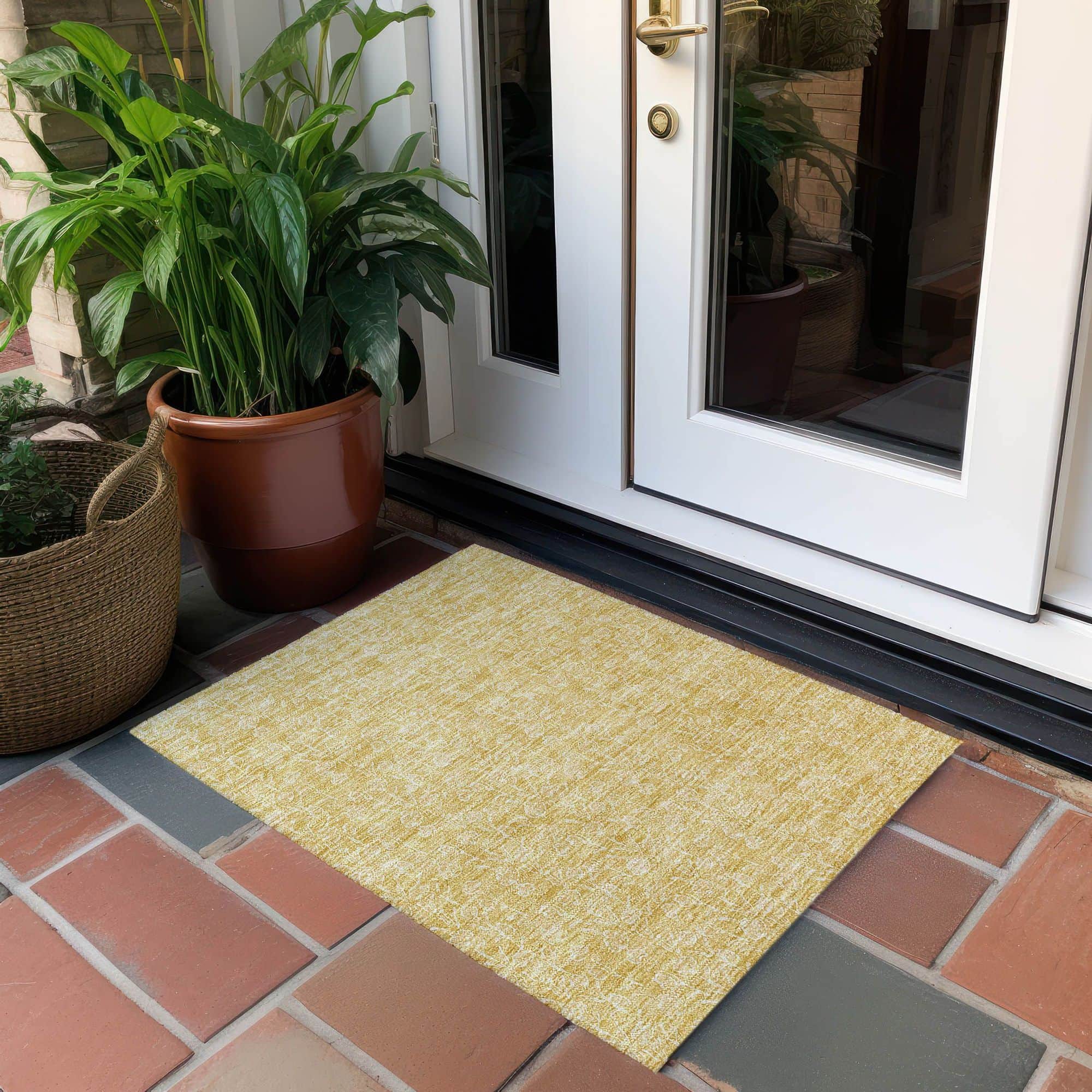 Machine Washable Gold Rug - Indoor / Outdoor - Kids / Pet Friendly Floral Print Rug