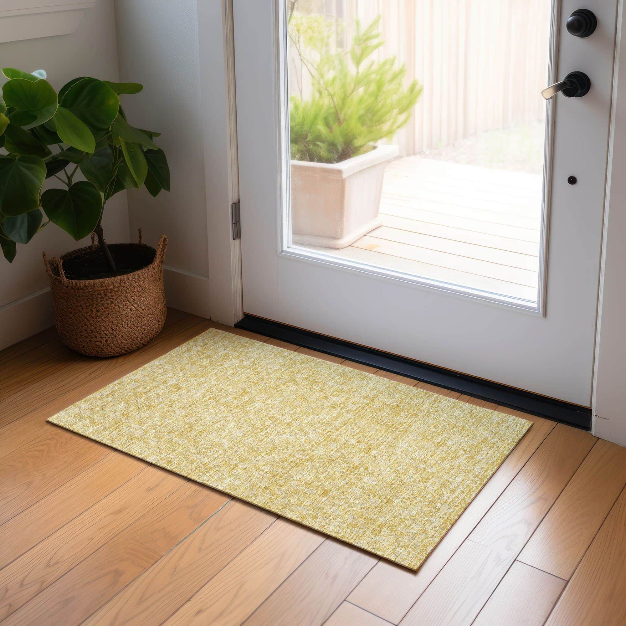 Machine Washable Gold Rug - Indoor / Outdoor - Kids / Pet Friendly Floral Print Rug