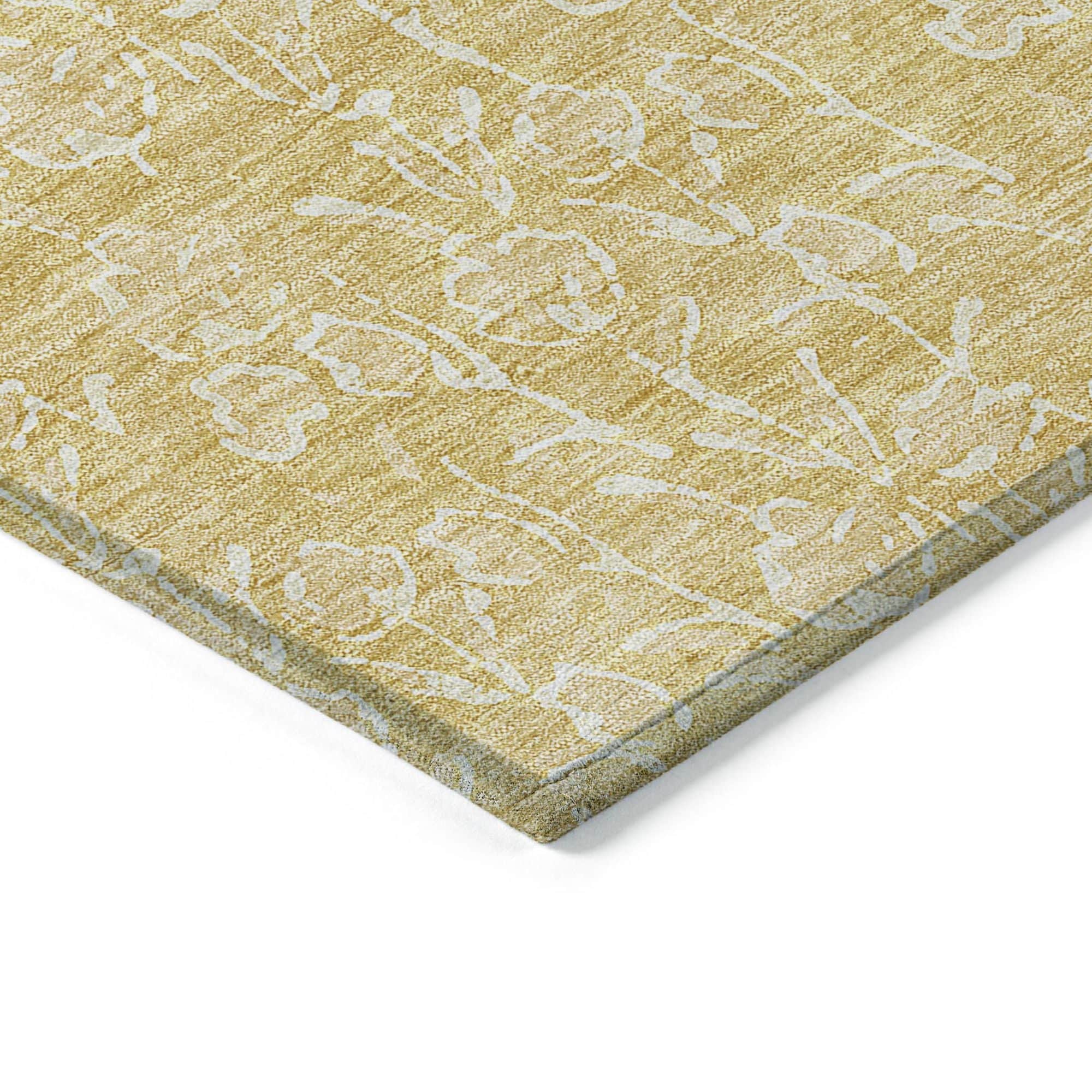 Machine Washable Gold Rug - Indoor / Outdoor - Kids / Pet Friendly Floral Print Rug