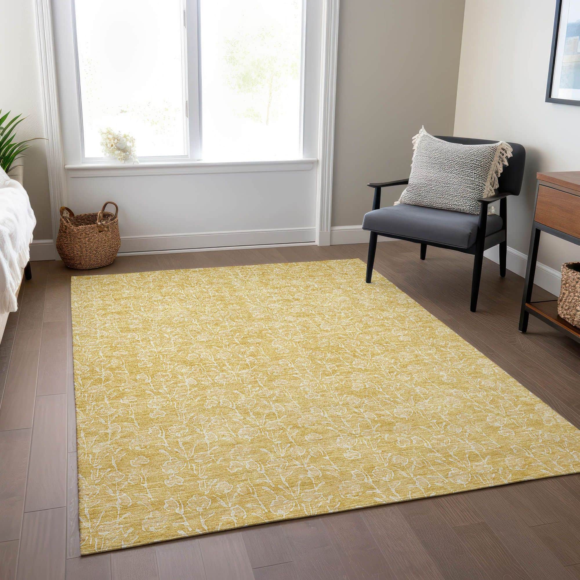 Machine Washable Gold Rug - Indoor / Outdoor - Kids / Pet Friendly Floral Print Rug