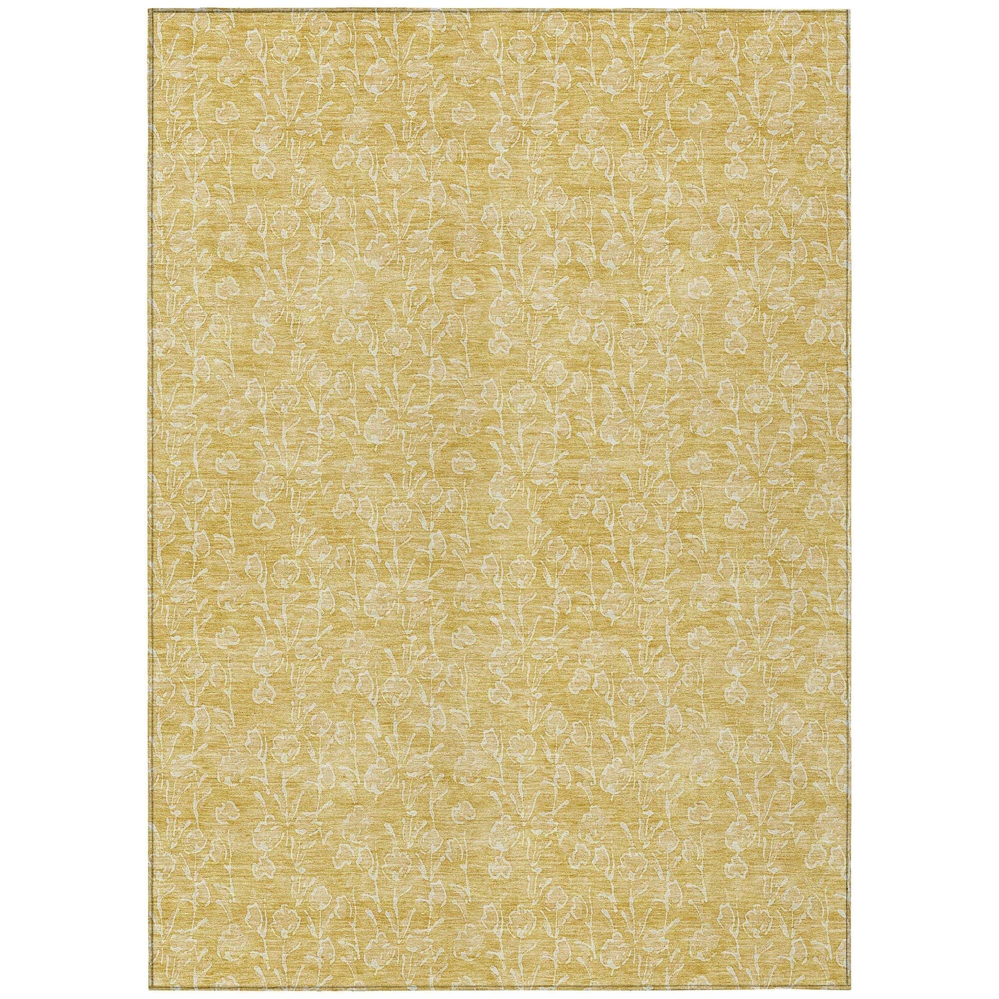 Machine Washable Gold Rug - Indoor / Outdoor - Kids / Pet Friendly Floral Print Rug
