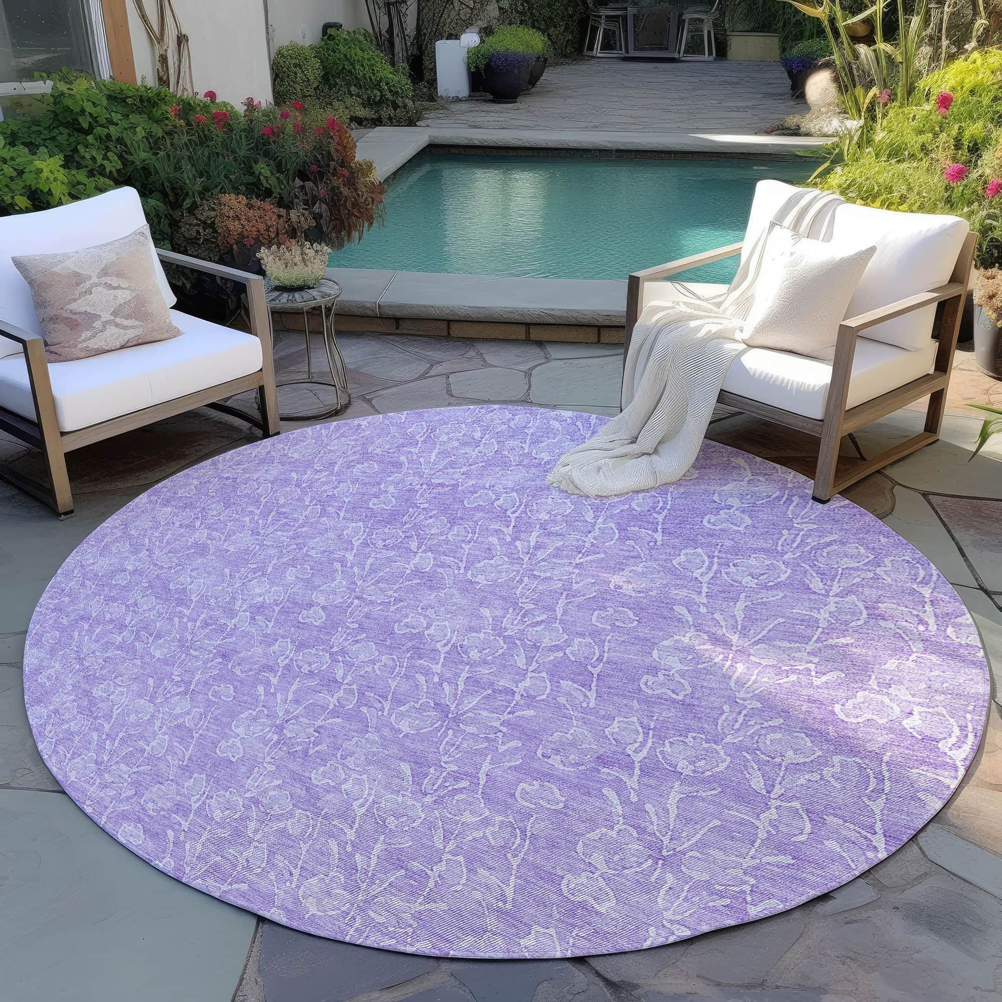 Machine Washable Lilac Purple Rug - Indoor / Outdoor - Kids / Pet Friendly Floral Print Rug