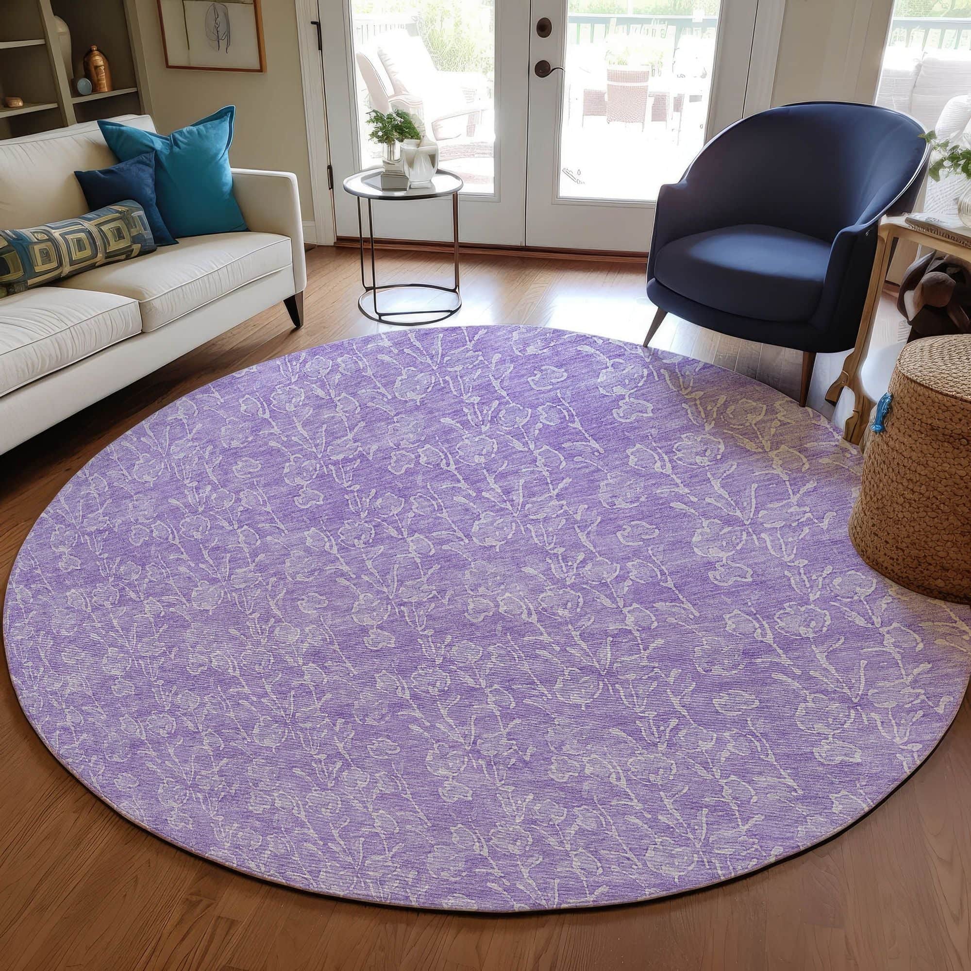 Machine Washable Lilac Purple Rug - Indoor / Outdoor - Kids / Pet Friendly Floral Print Rug
