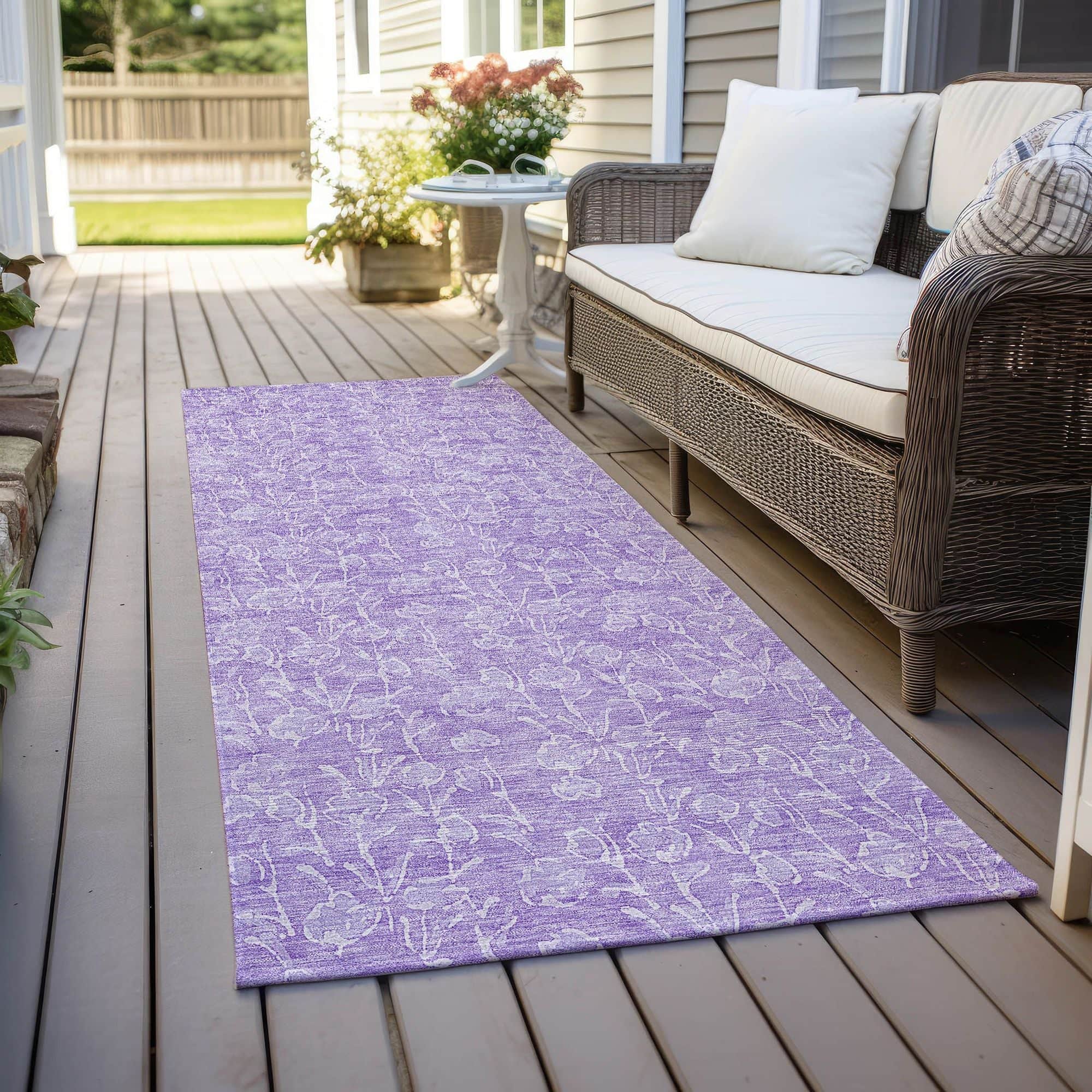 Machine Washable Lilac Purple Rug - Indoor / Outdoor - Kids / Pet Friendly Floral Print Rug