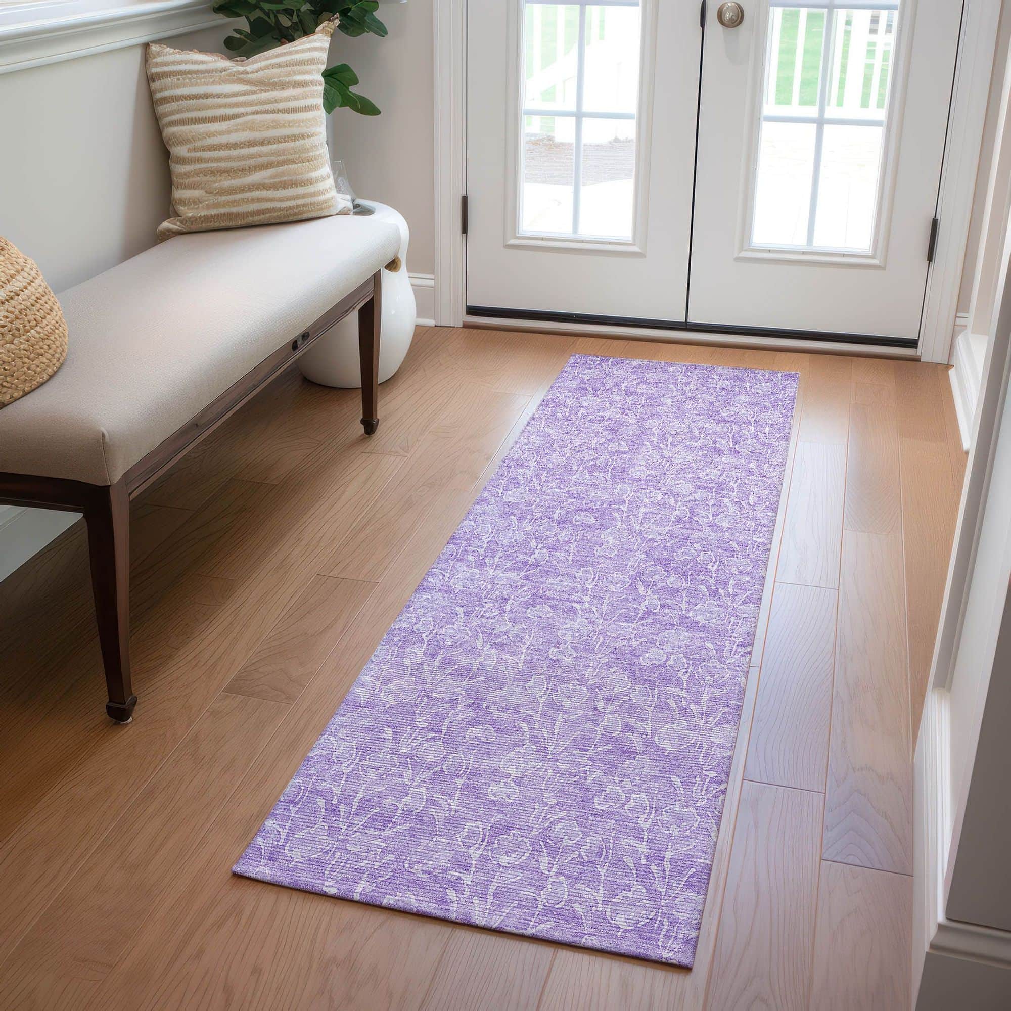 Machine Washable Lilac Purple Rug - Indoor / Outdoor - Kids / Pet Friendly Floral Print Rug