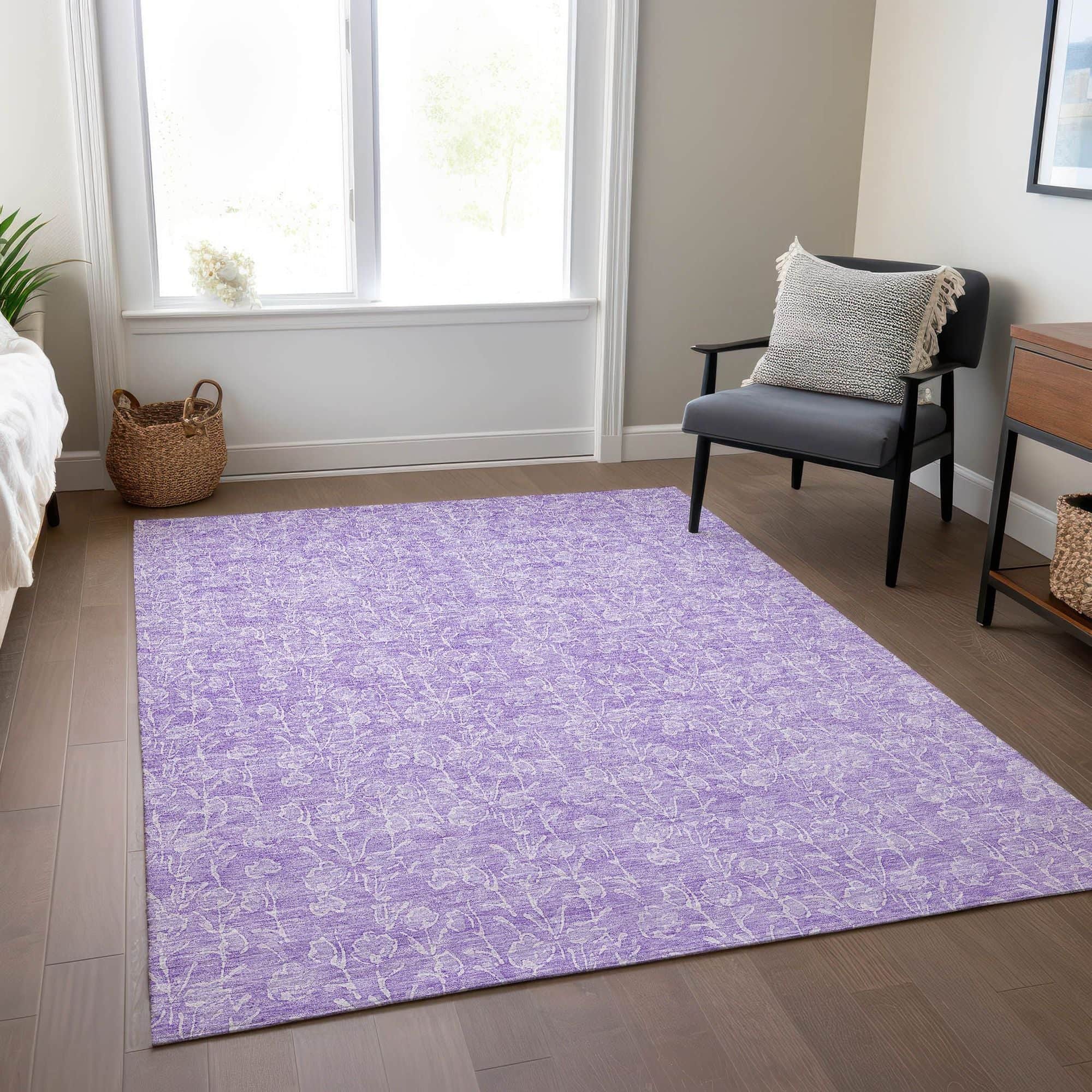Machine Washable Lilac Purple Rug - Indoor / Outdoor - Kids / Pet Friendly Floral Print Rug