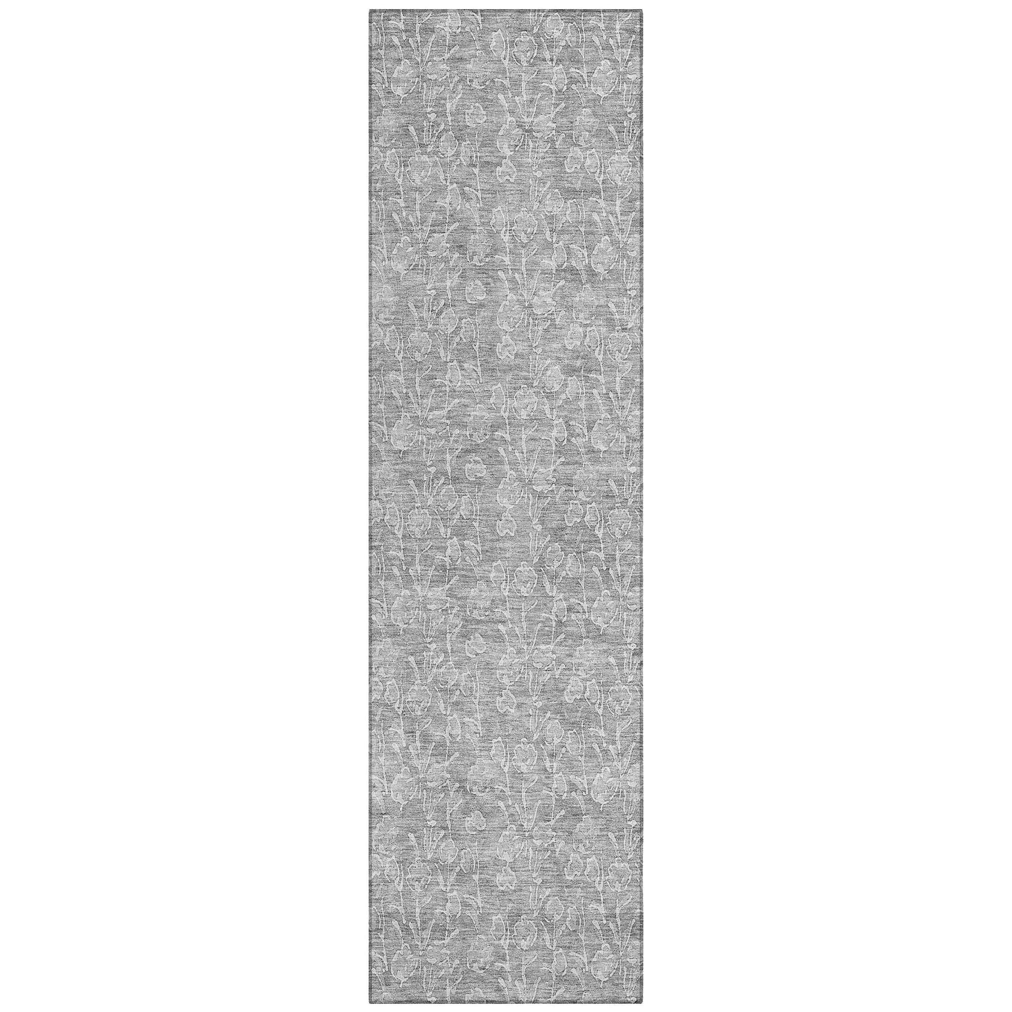 Machine Washable Silver Gray Rug - Indoor / Outdoor - Kids / Pet Friendly Floral Print Rug