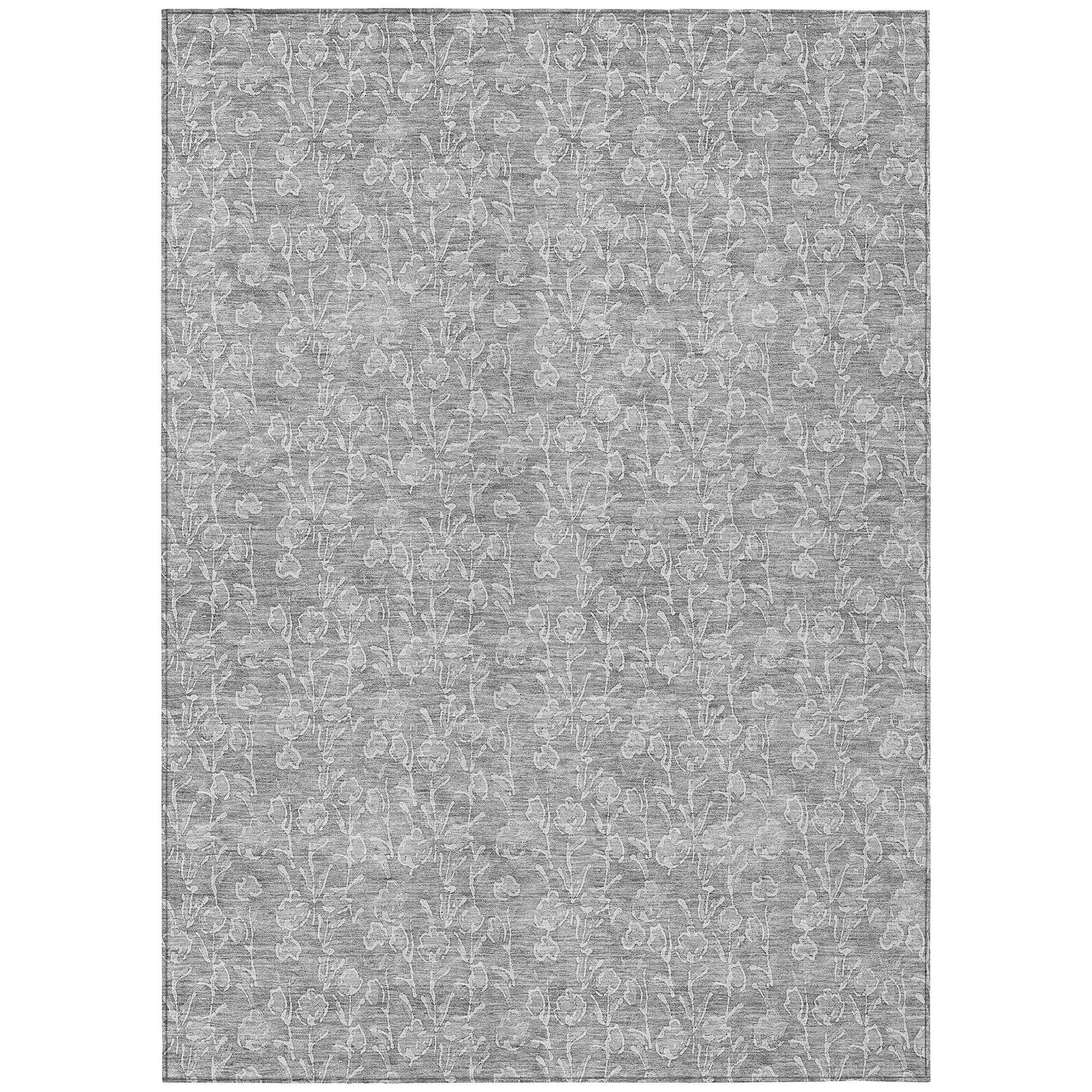 Machine Washable Silver Gray Rug - Indoor / Outdoor - Kids / Pet Friendly Floral Print Rug