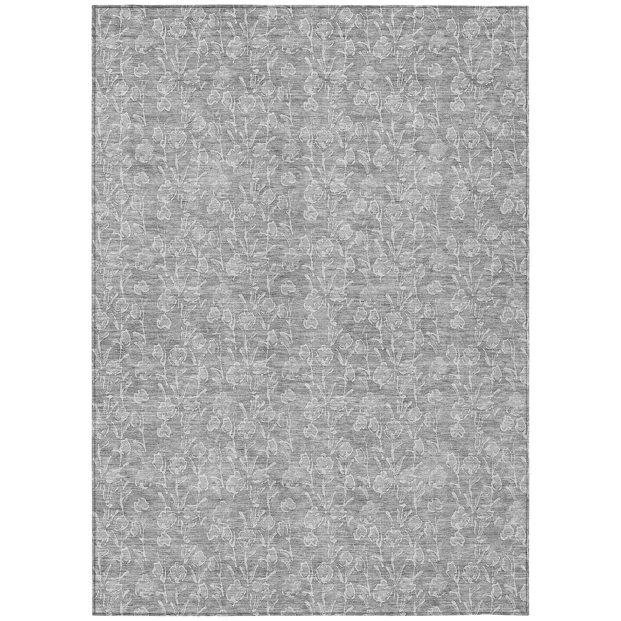 Machine Washable Silver Gray Rug - Indoor / Outdoor - Kids / Pet Friendly Floral Print Rug
