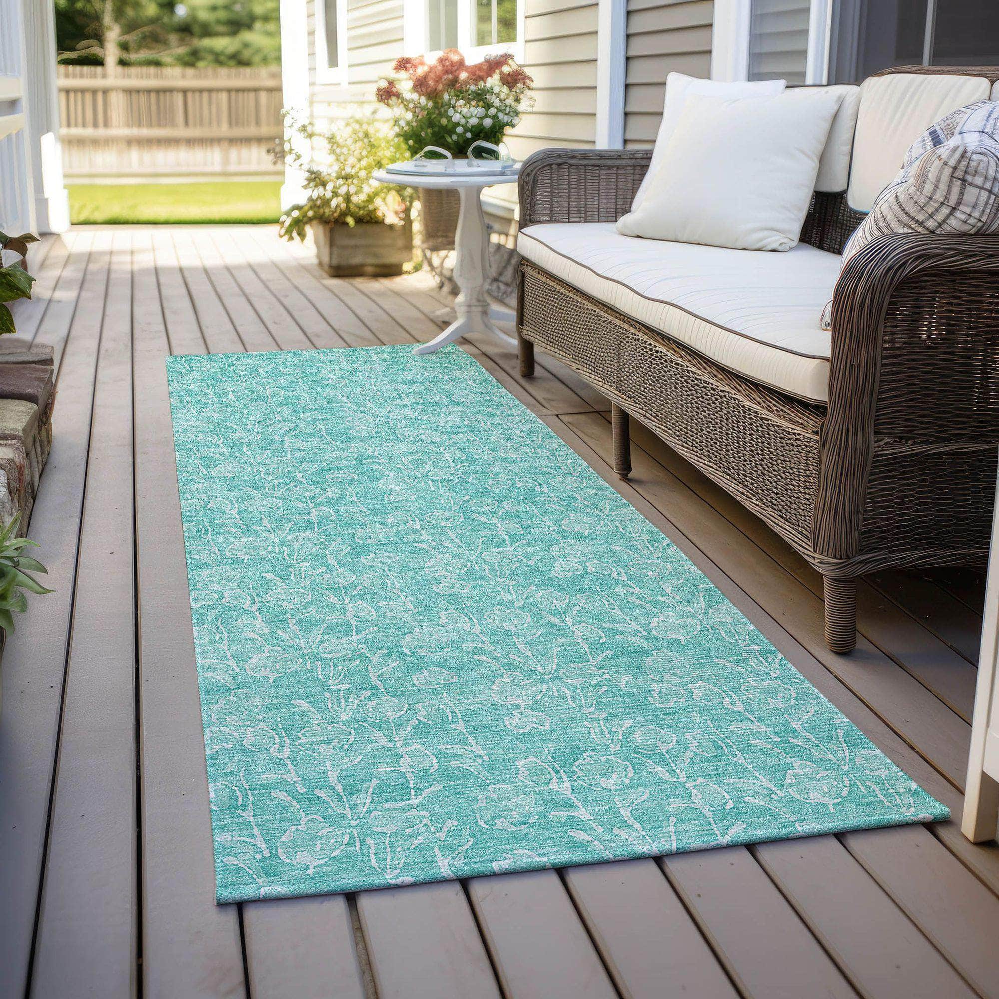 Machine Washable Teal Rug - Indoor / Outdoor - Kids / Pet Friendly Floral Print Rug