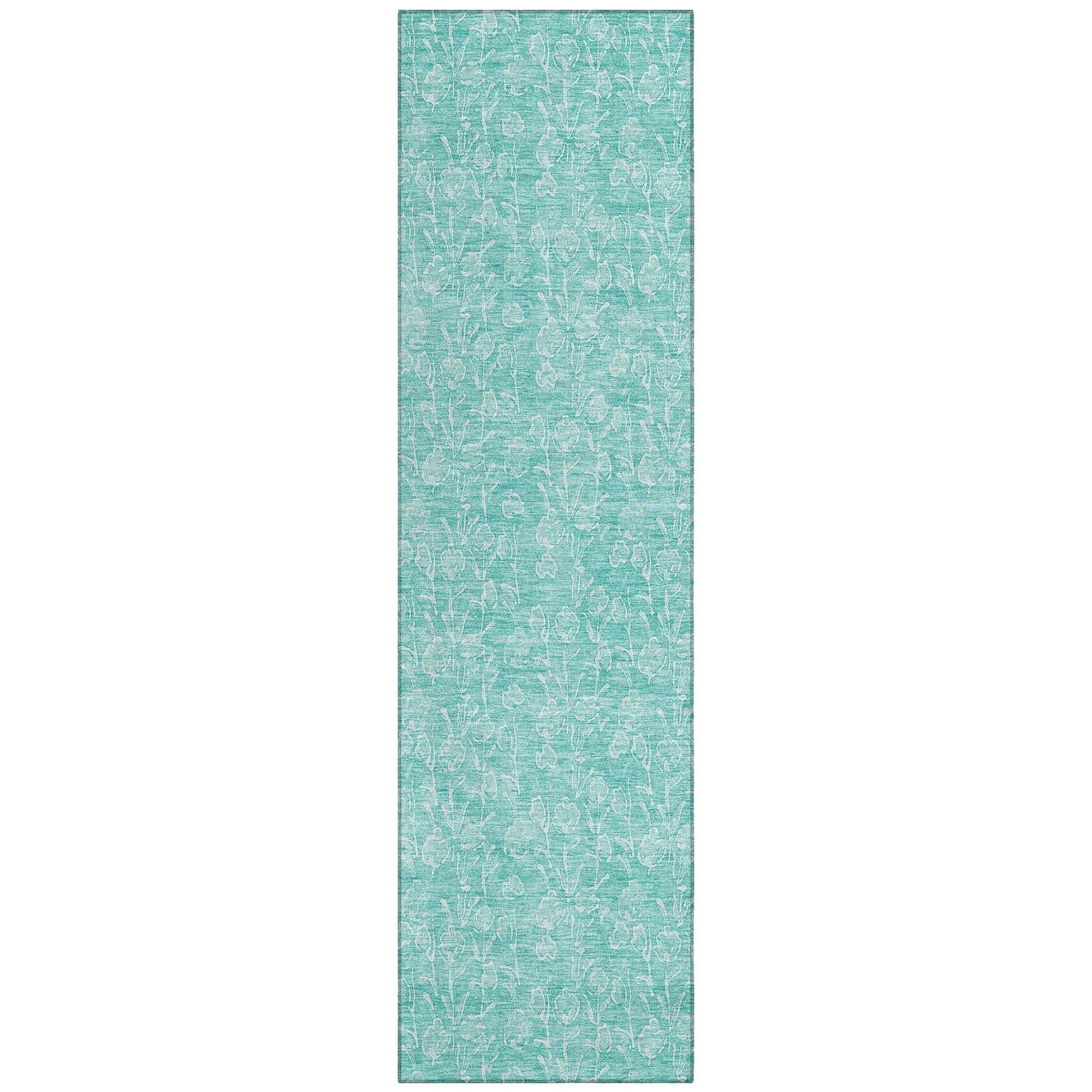 Machine Washable Teal Rug - Indoor / Outdoor - Kids / Pet Friendly Floral Print Rug