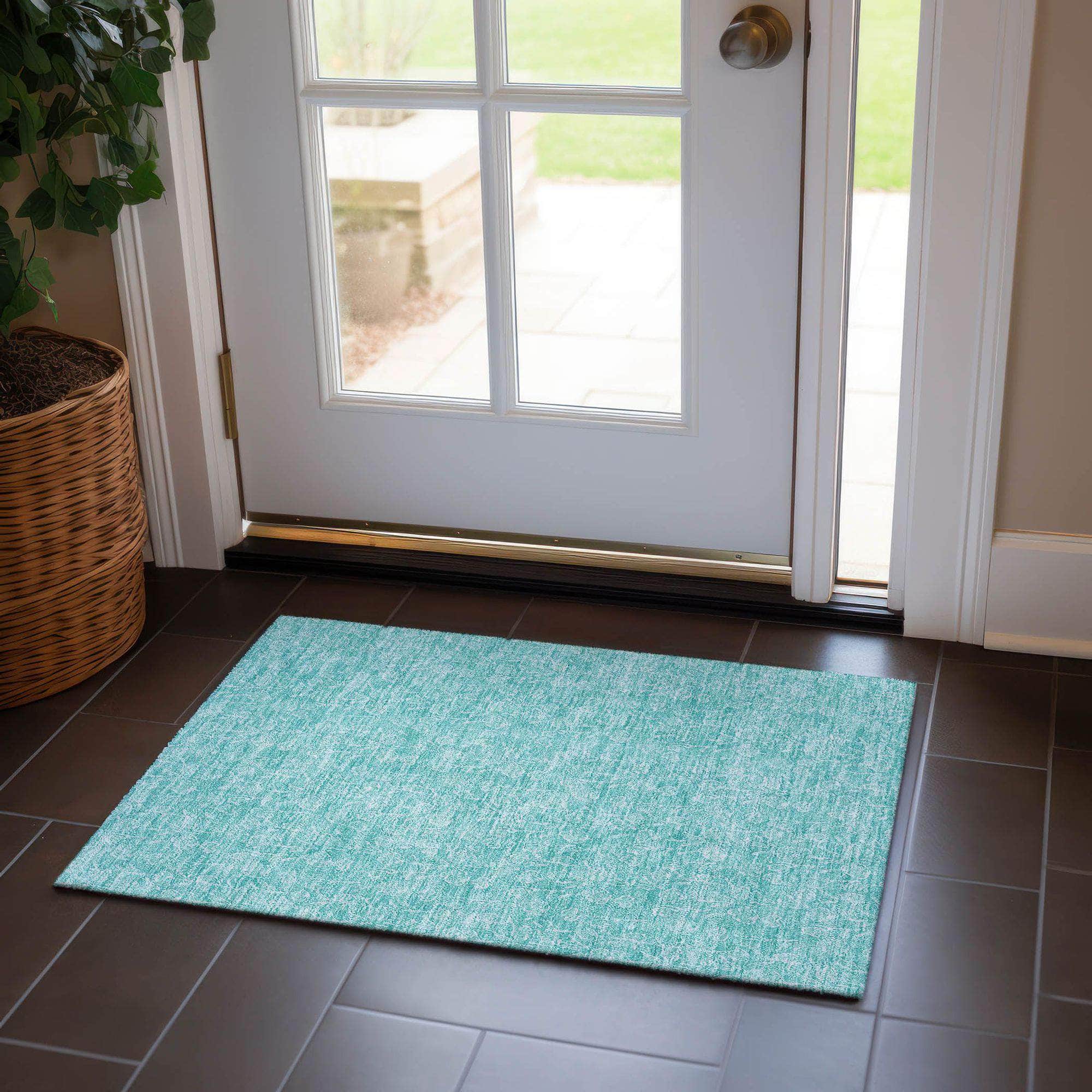 Machine Washable Teal Rug - Indoor / Outdoor - Kids / Pet Friendly Floral Print Rug