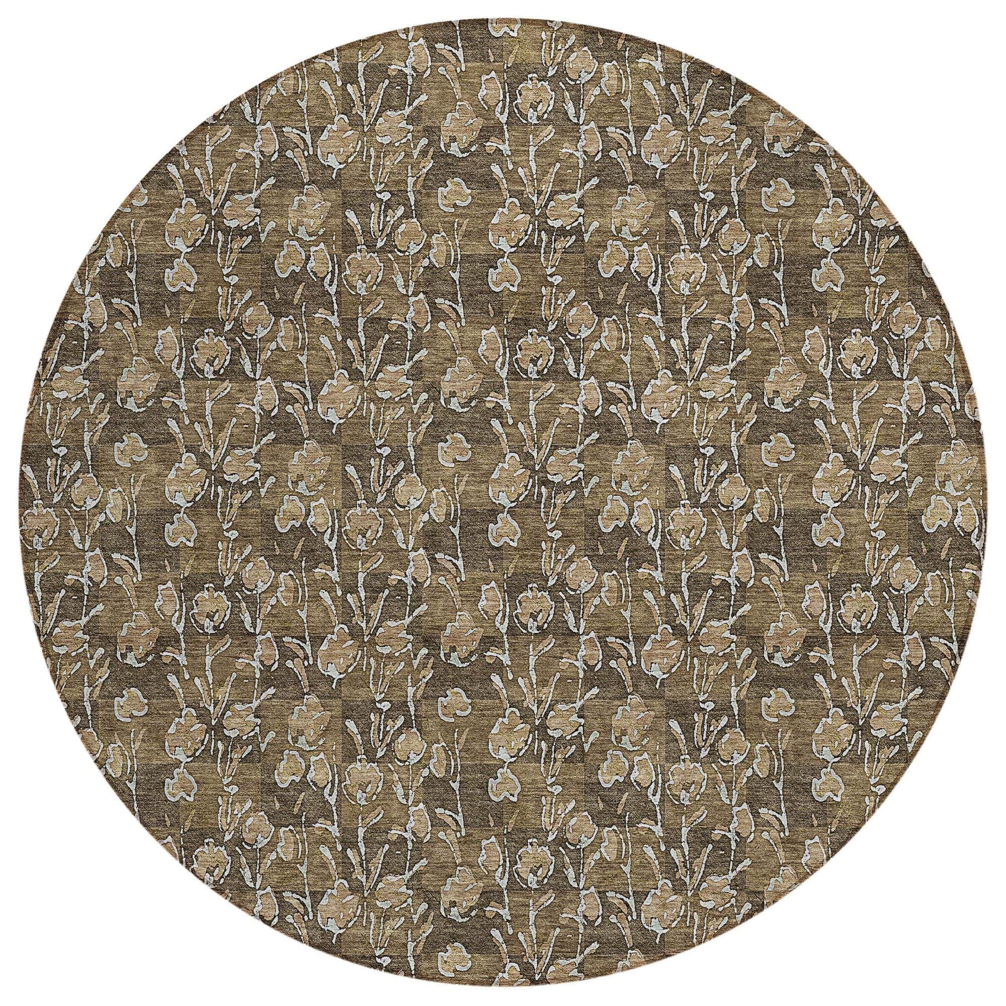 Machine Washable Brown Rug - Indoor / Outdoor - Kids / Pet Friendly Floral Print Rug
