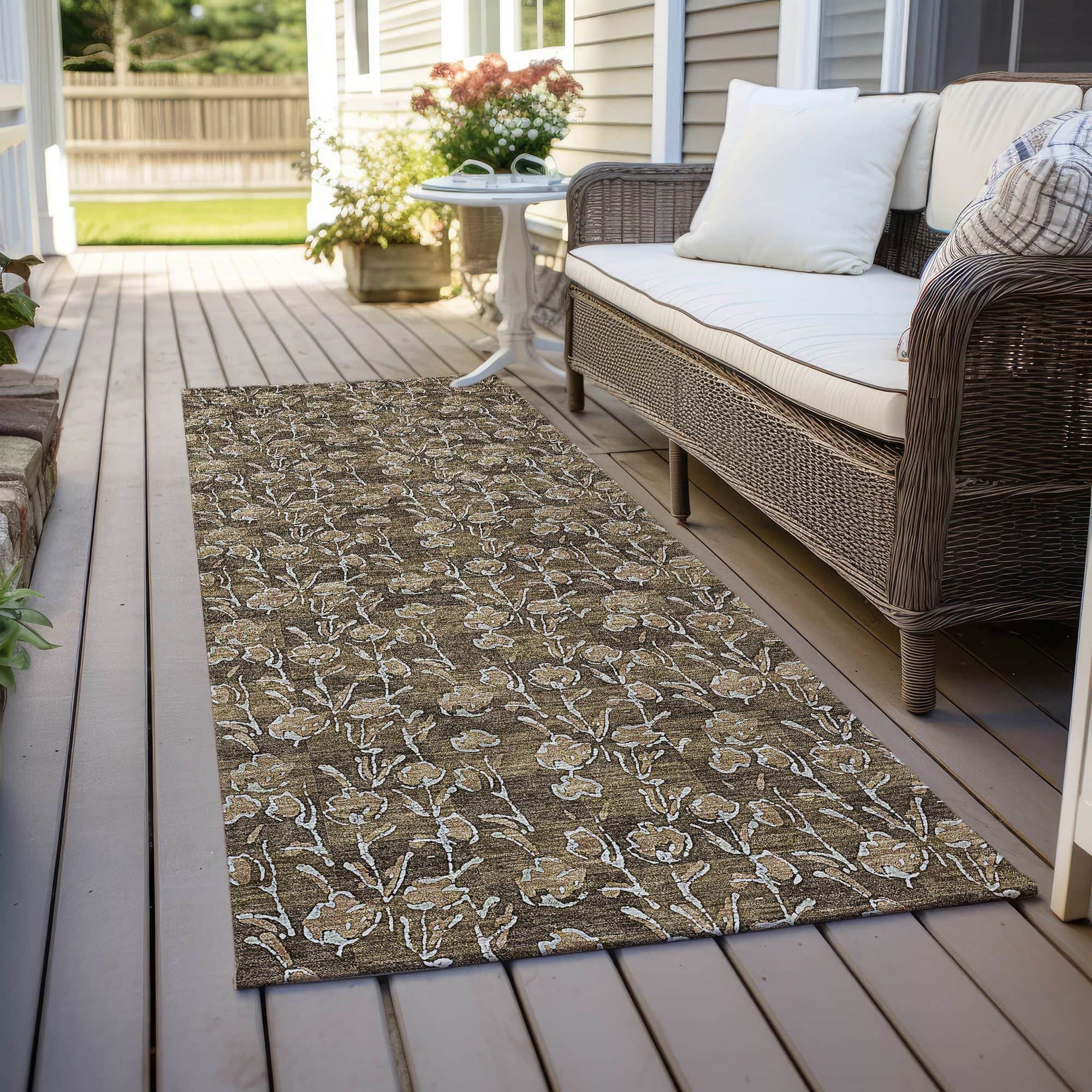 Machine Washable Brown Rug - Indoor / Outdoor - Kids / Pet Friendly Floral Print Rug