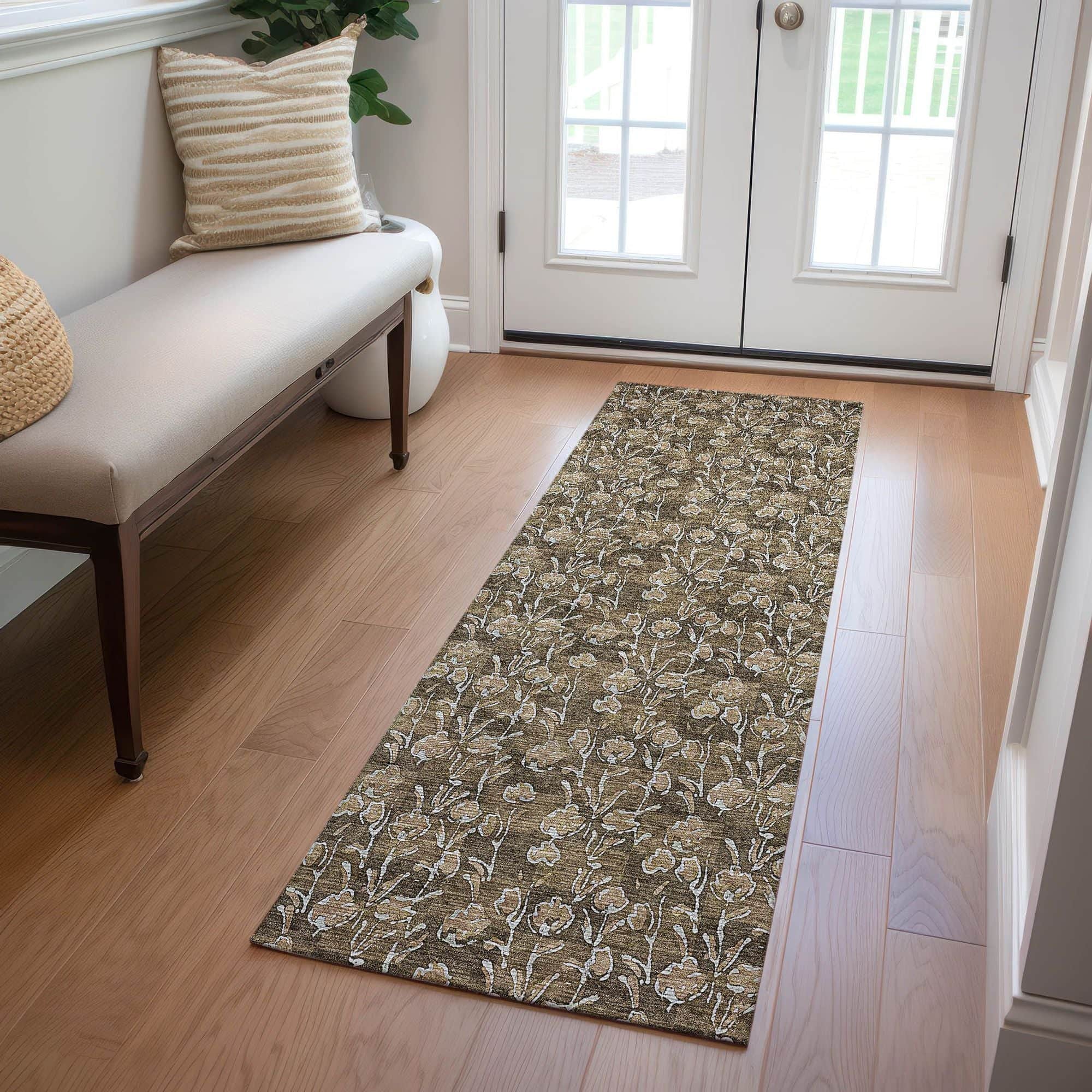 Machine Washable Brown Rug - Indoor / Outdoor - Kids / Pet Friendly Floral Print Rug