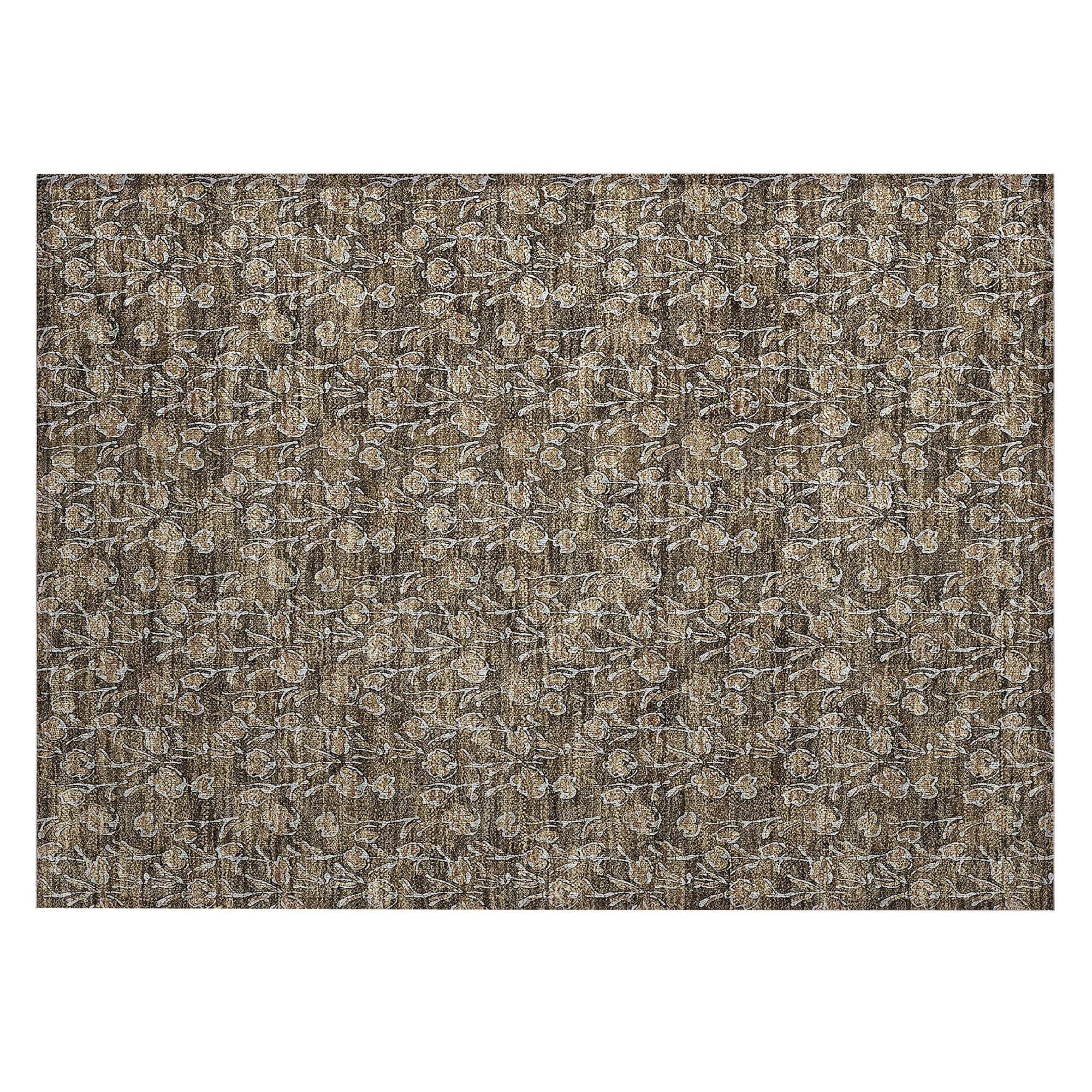 Machine Washable Brown Rug - Indoor / Outdoor - Kids / Pet Friendly Floral Print Rug