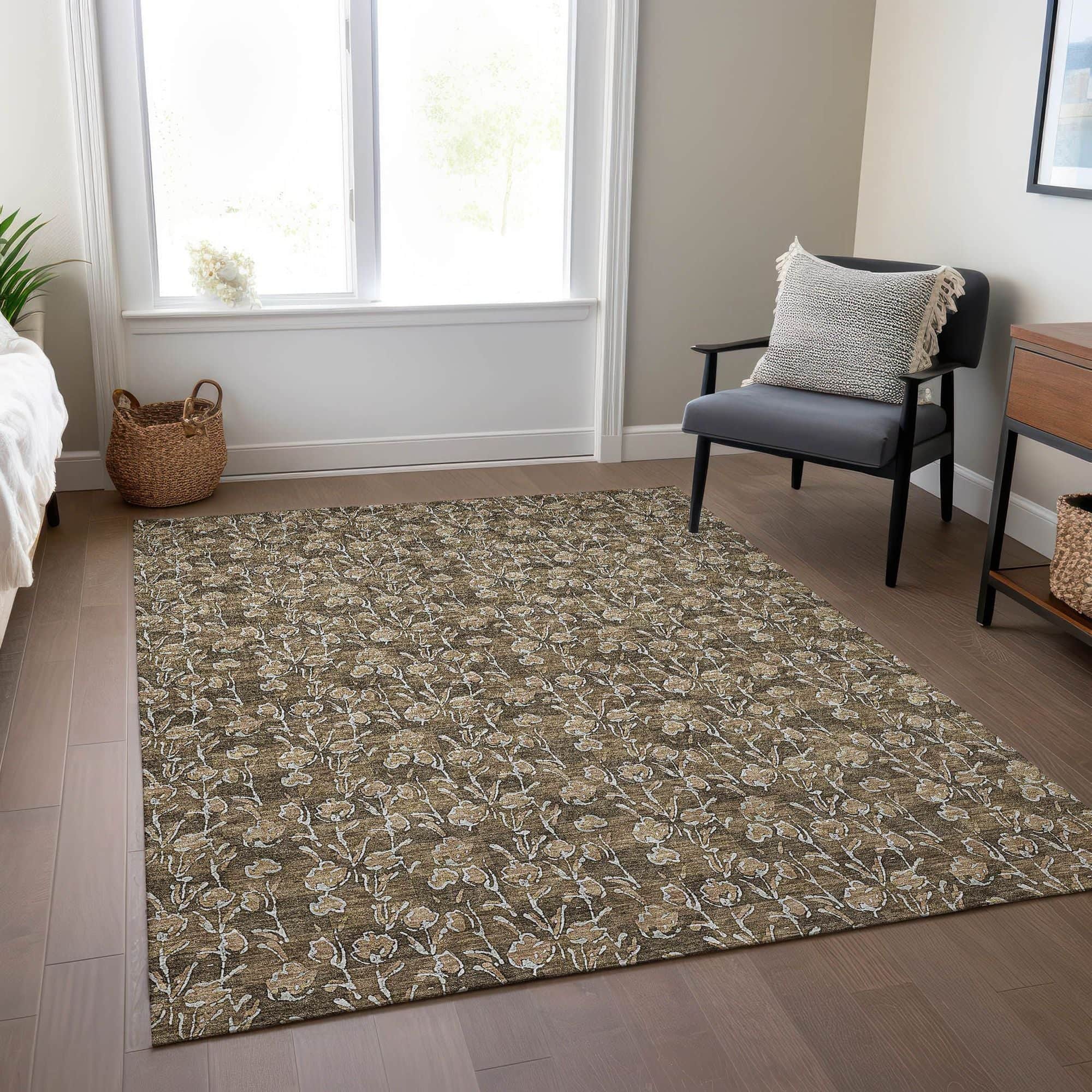 Machine Washable Brown Rug - Indoor / Outdoor - Kids / Pet Friendly Floral Print Rug
