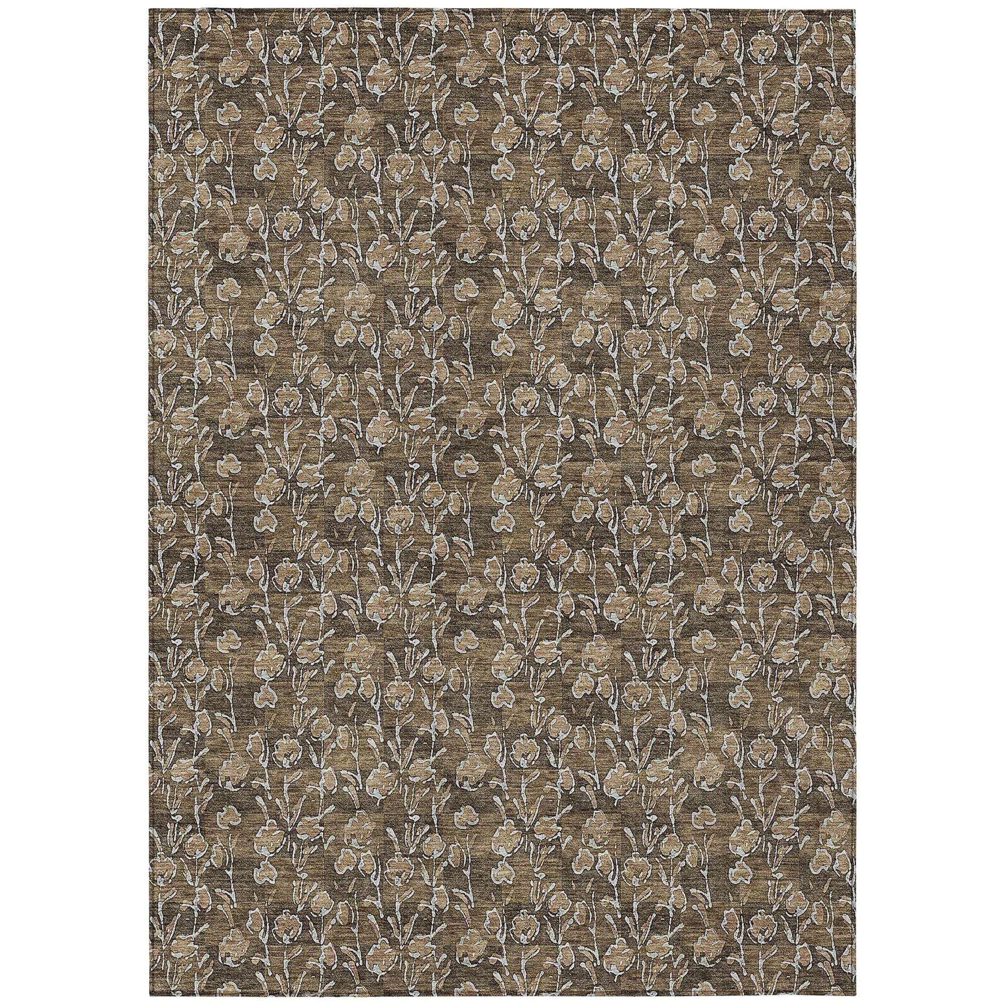 Machine Washable Brown Rug - Indoor / Outdoor - Kids / Pet Friendly Floral Print Rug
