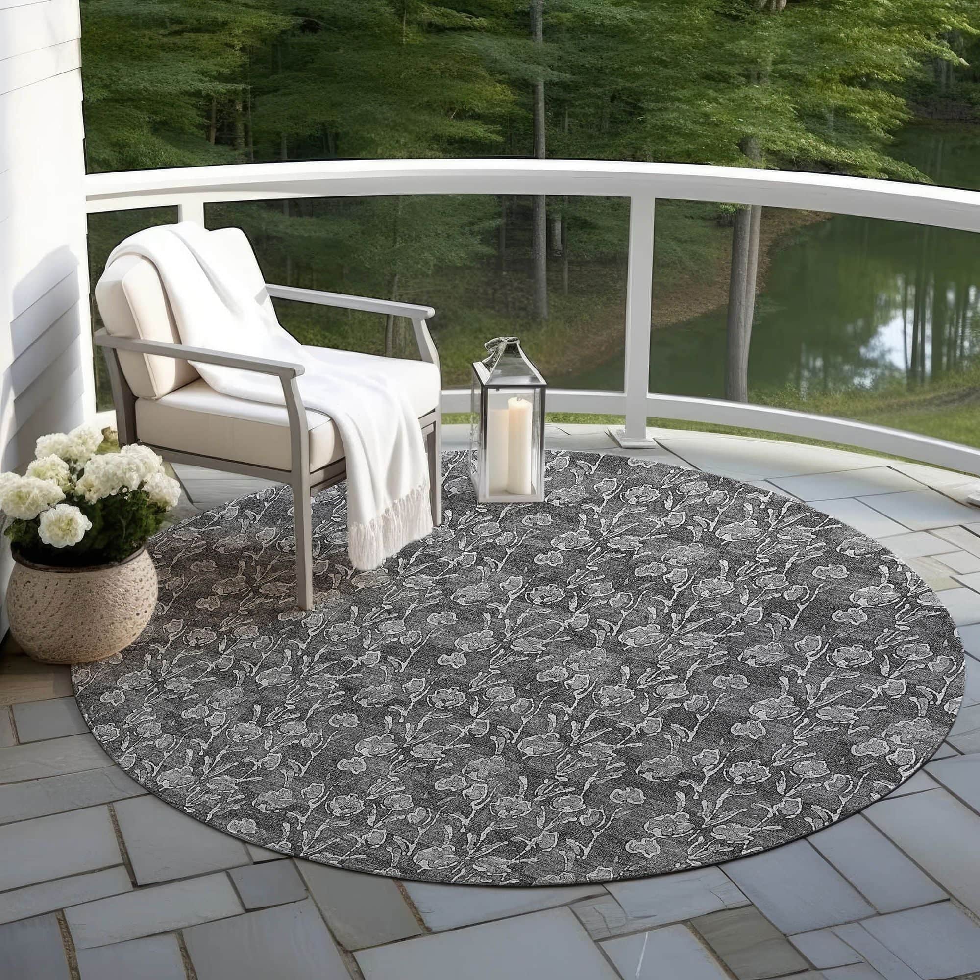 Machine Washable Gray Rug - Indoor / Outdoor - Kids / Pet Friendly Floral Print Rug