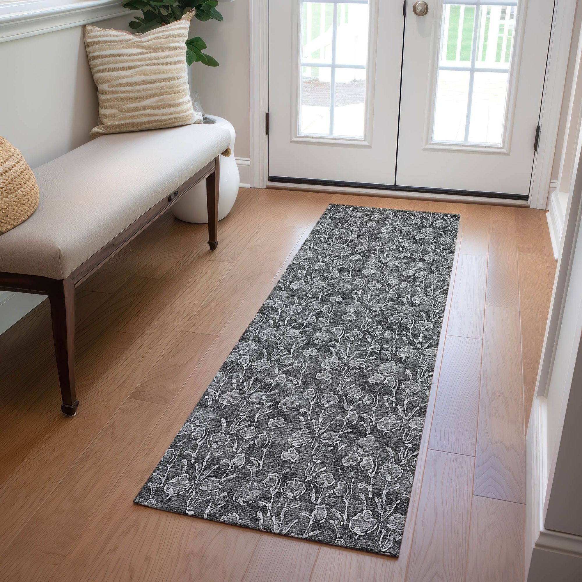 Machine Washable Gray Rug - Indoor / Outdoor - Kids / Pet Friendly Floral Print Rug