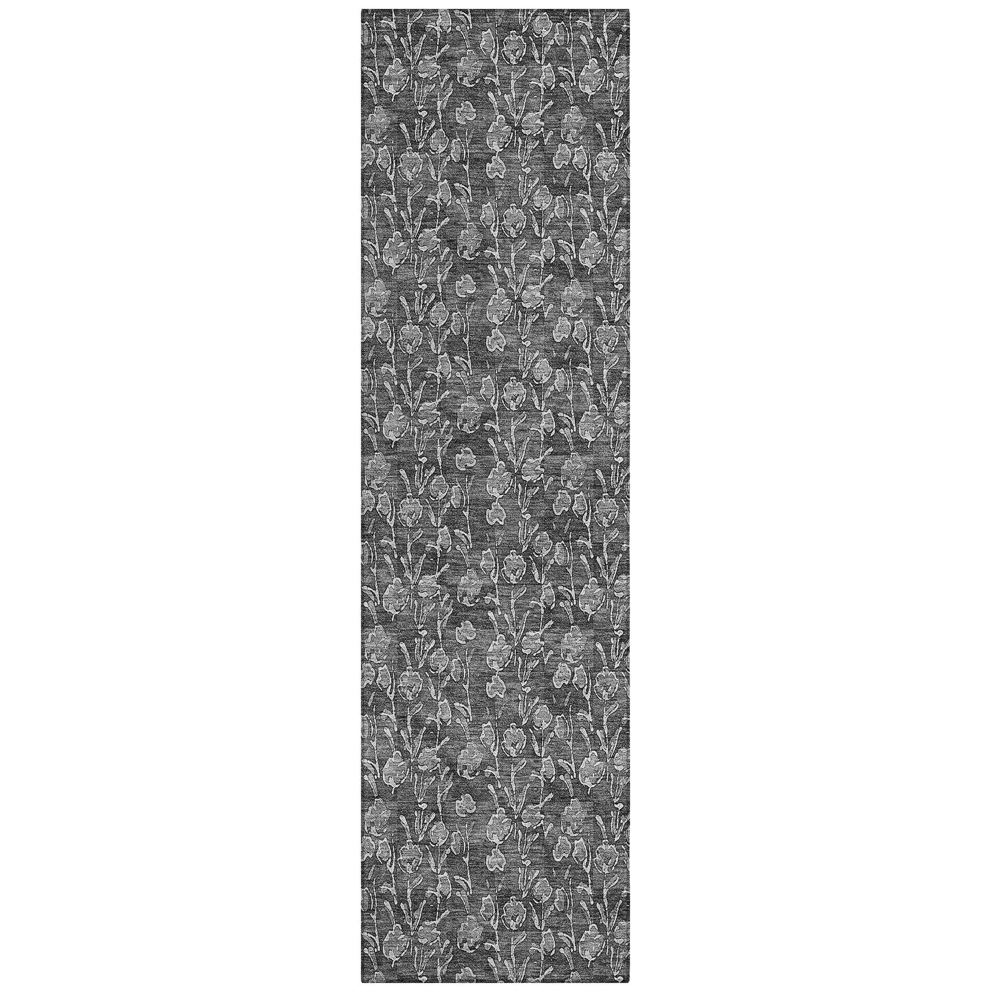 Machine Washable Gray Rug - Indoor / Outdoor - Kids / Pet Friendly Floral Print Rug