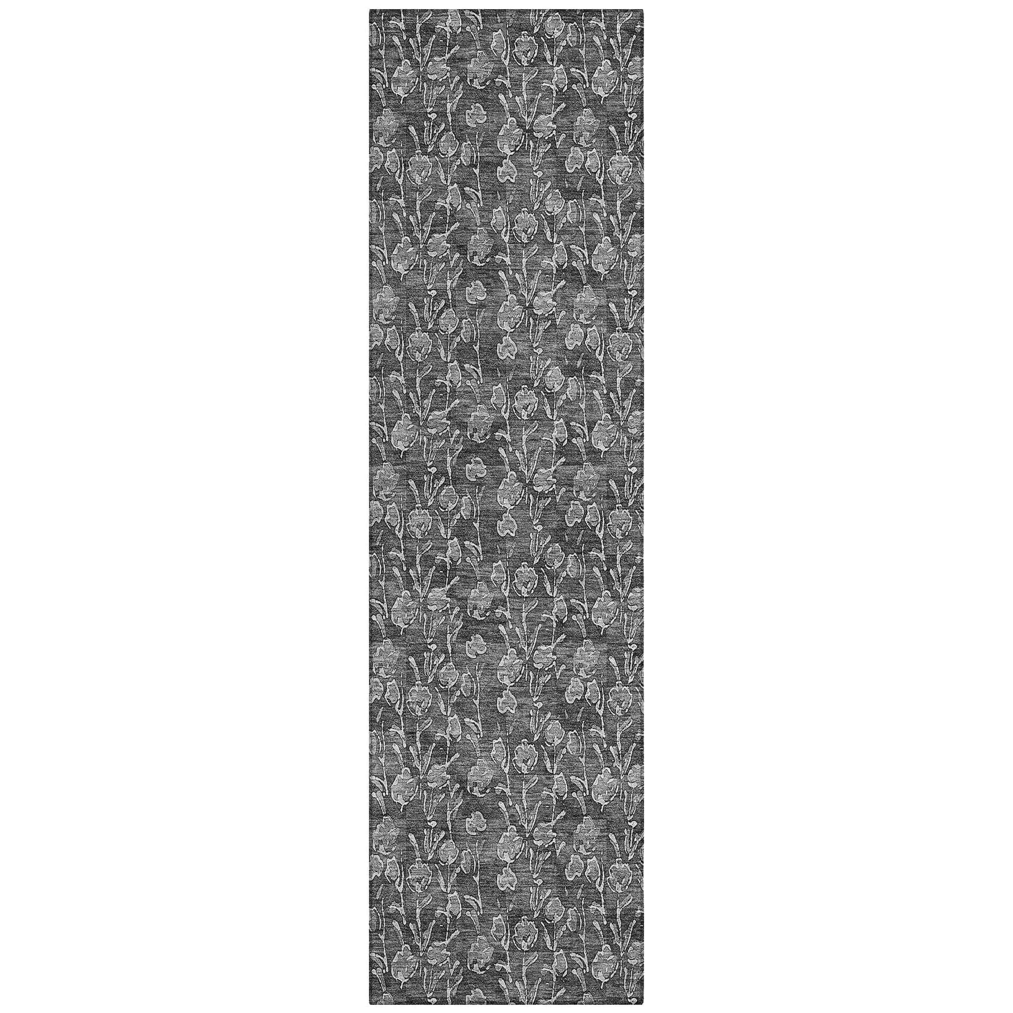 Machine Washable Gray Rug - Indoor / Outdoor - Kids / Pet Friendly Floral Print Rug
