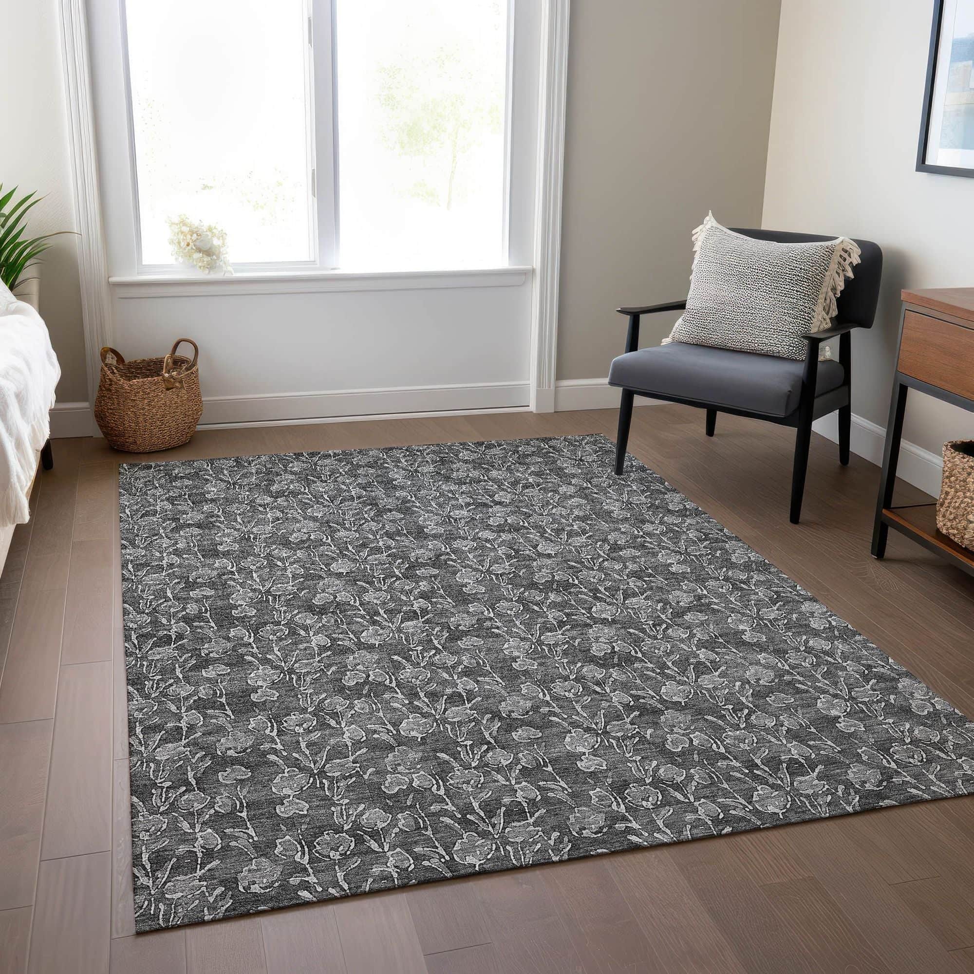 Machine Washable Gray Rug - Indoor / Outdoor - Kids / Pet Friendly Floral Print Rug