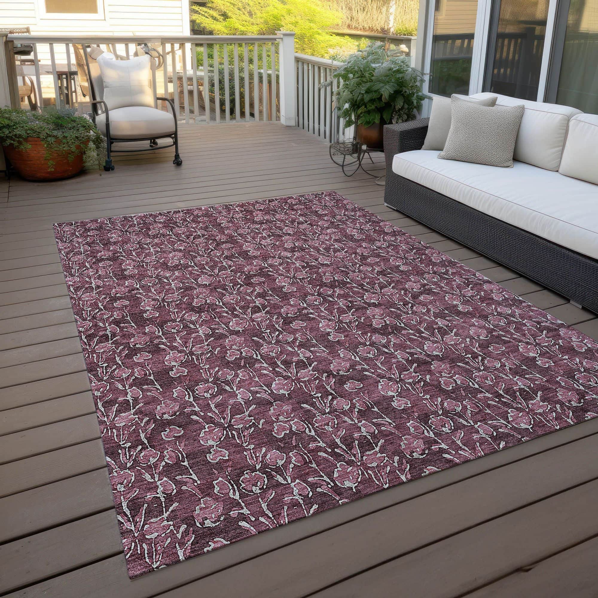 Machine Washable Merlot Red Rug - Indoor / Outdoor - Kids / Pet Friendly Floral Print Rug