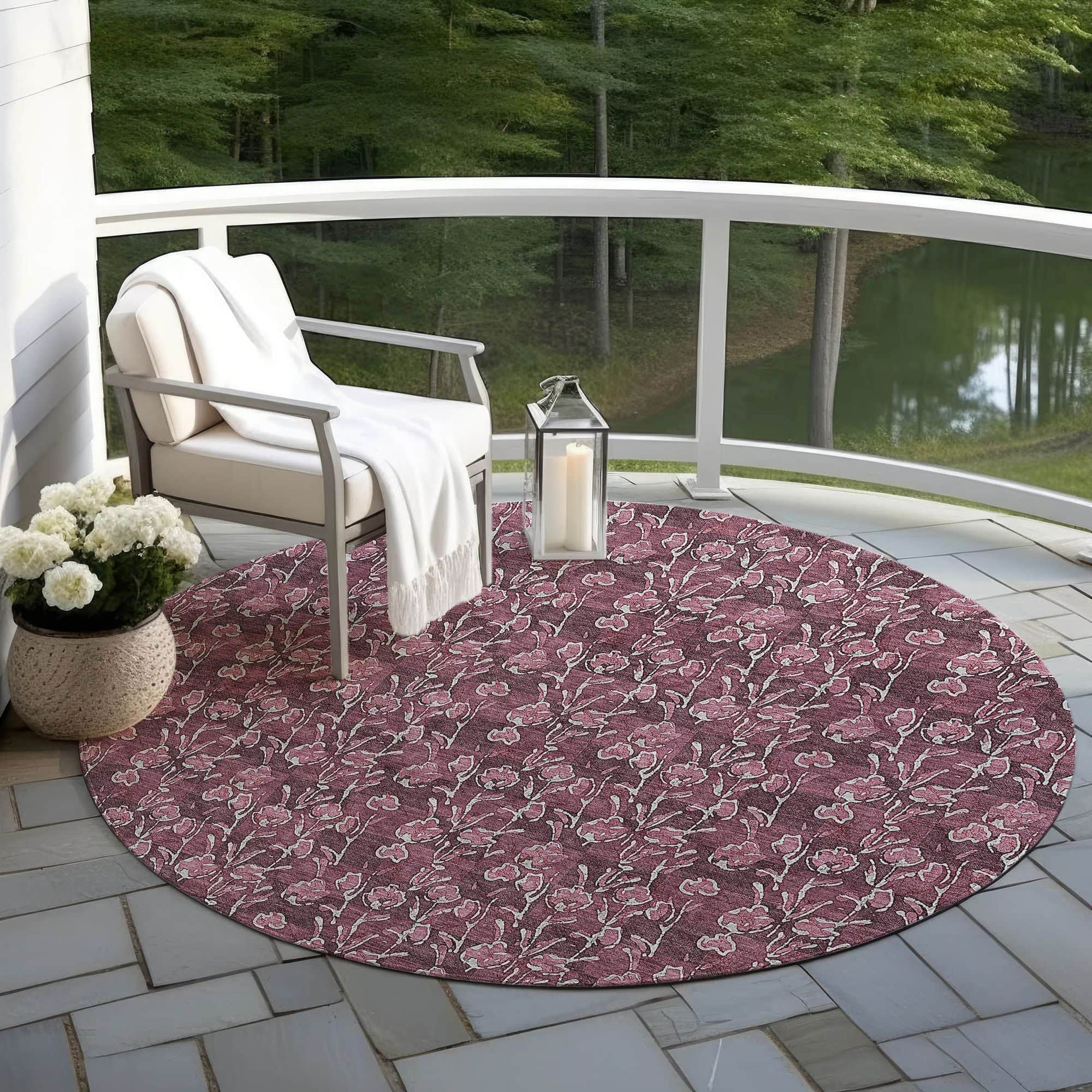 Machine Washable Merlot Red Rug - Indoor / Outdoor - Kids / Pet Friendly Floral Print Rug