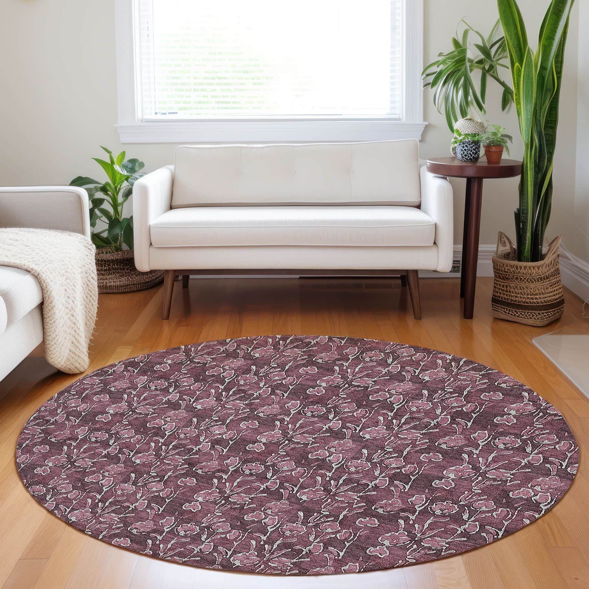 Machine Washable Merlot Red Rug - Indoor / Outdoor - Kids / Pet Friendly Floral Print Rug