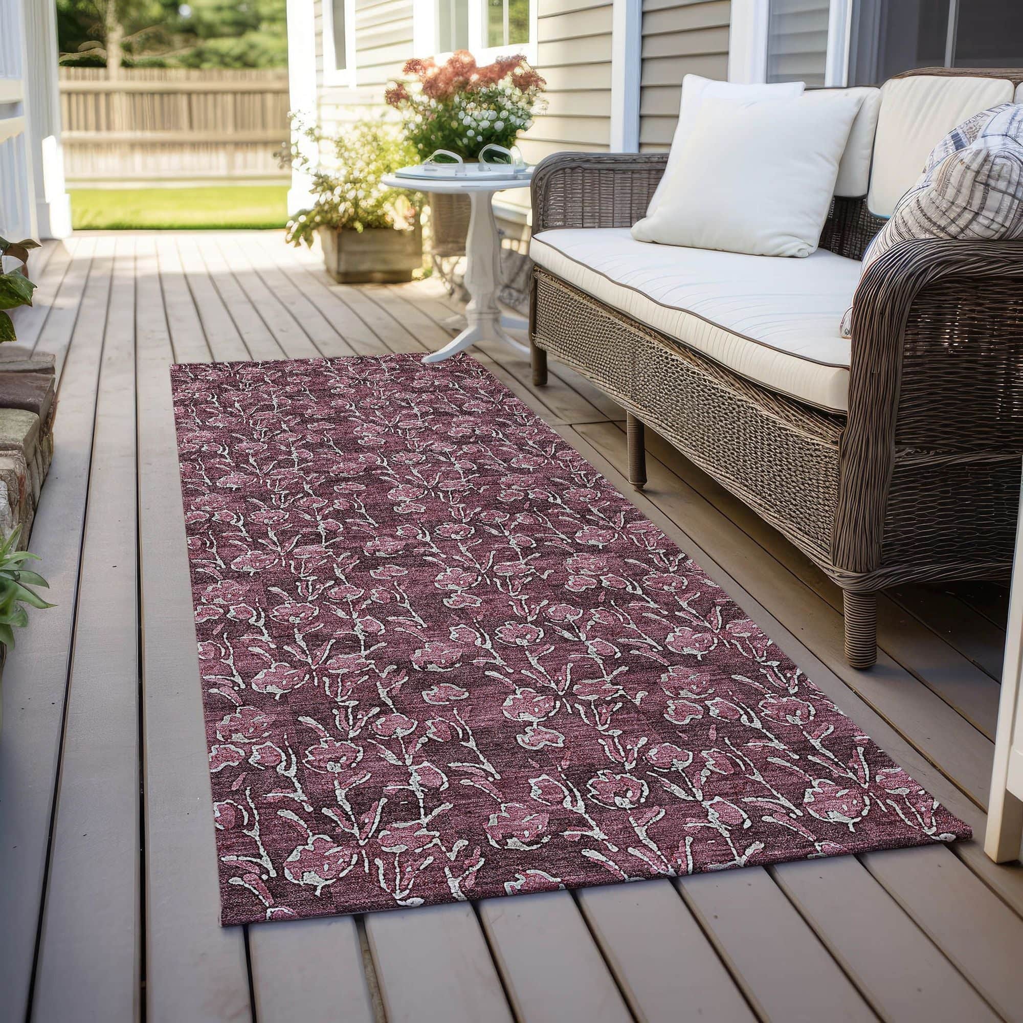 Machine Washable Merlot Red Rug - Indoor / Outdoor - Kids / Pet Friendly Floral Print Rug