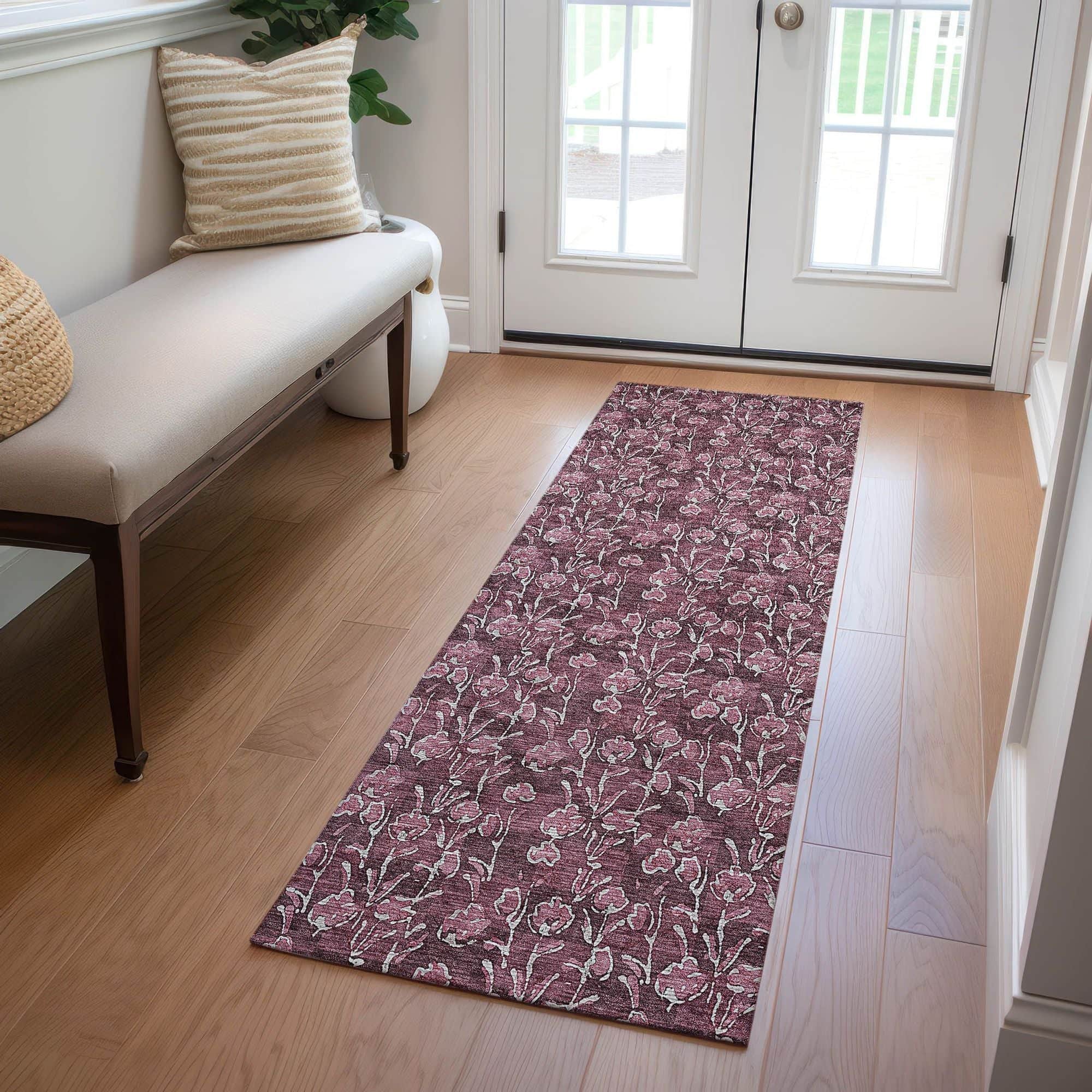 Machine Washable Merlot Red Rug - Indoor / Outdoor - Kids / Pet Friendly Floral Print Rug