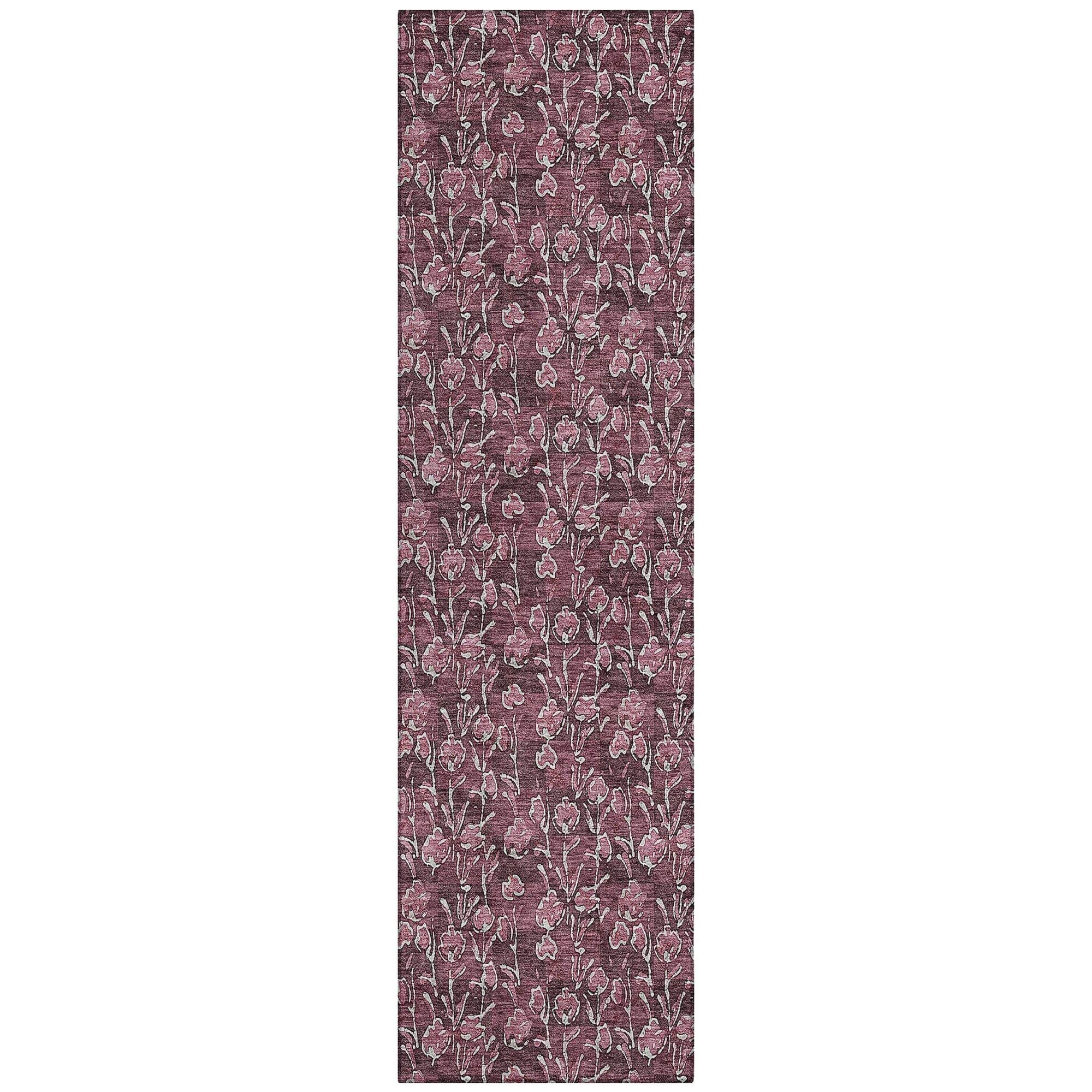 Machine Washable Merlot Red Rug - Indoor / Outdoor - Kids / Pet Friendly Floral Print Rug