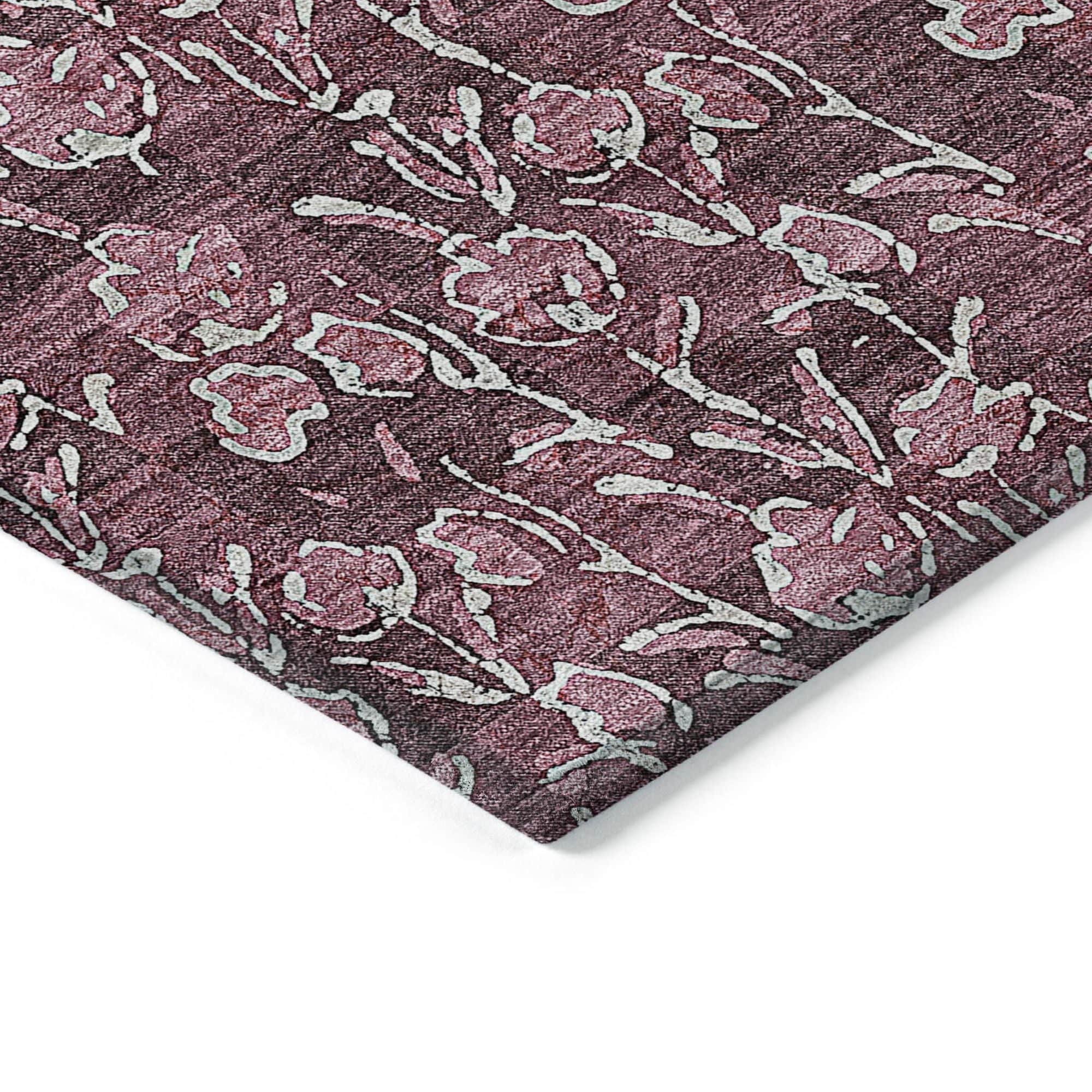 Machine Washable Merlot Red Rug - Indoor / Outdoor - Kids / Pet Friendly Floral Print Rug