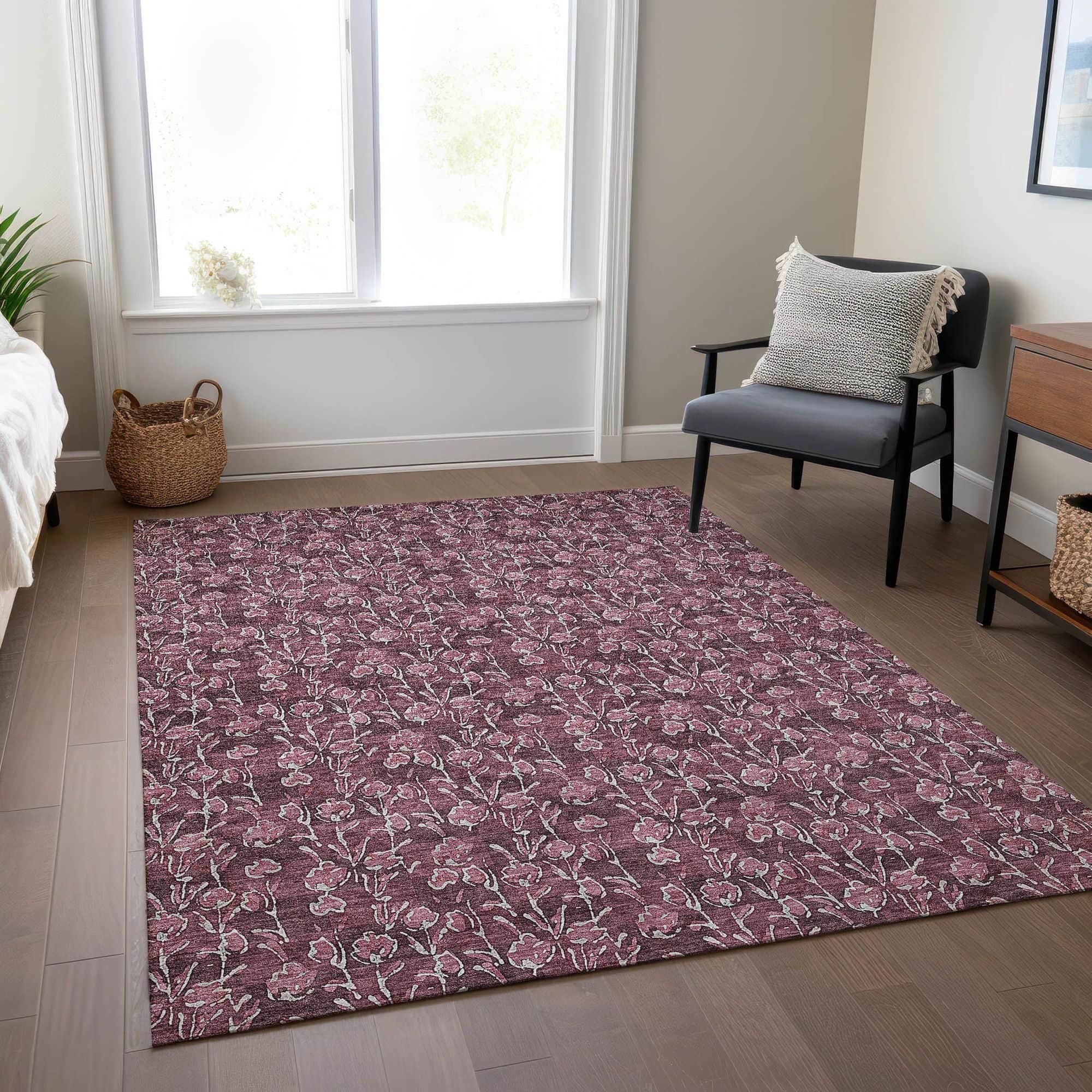 Machine Washable Merlot Red Rug - Indoor / Outdoor - Kids / Pet Friendly Floral Print Rug