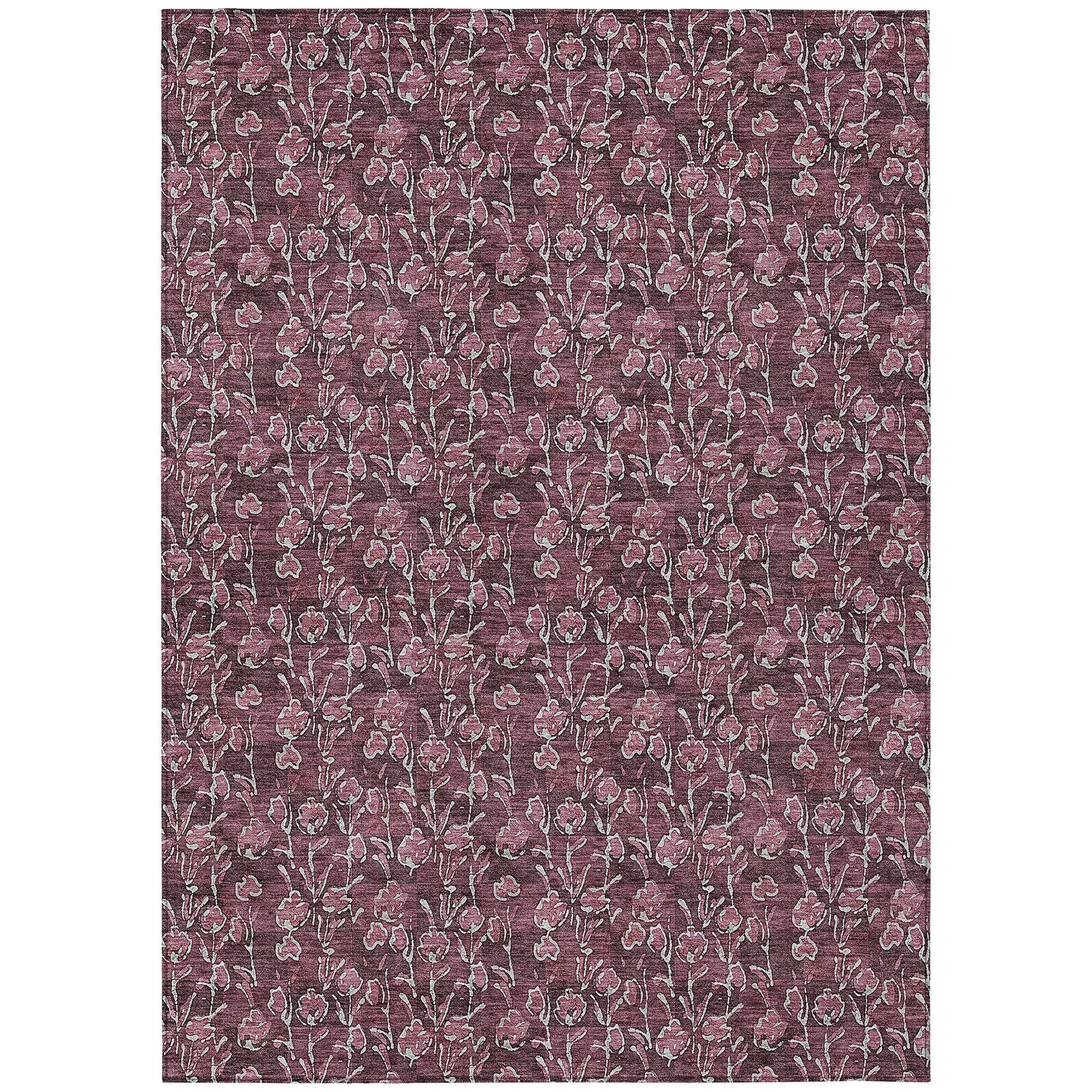 Machine Washable Merlot Red Rug - Indoor / Outdoor - Kids / Pet Friendly Floral Print Rug