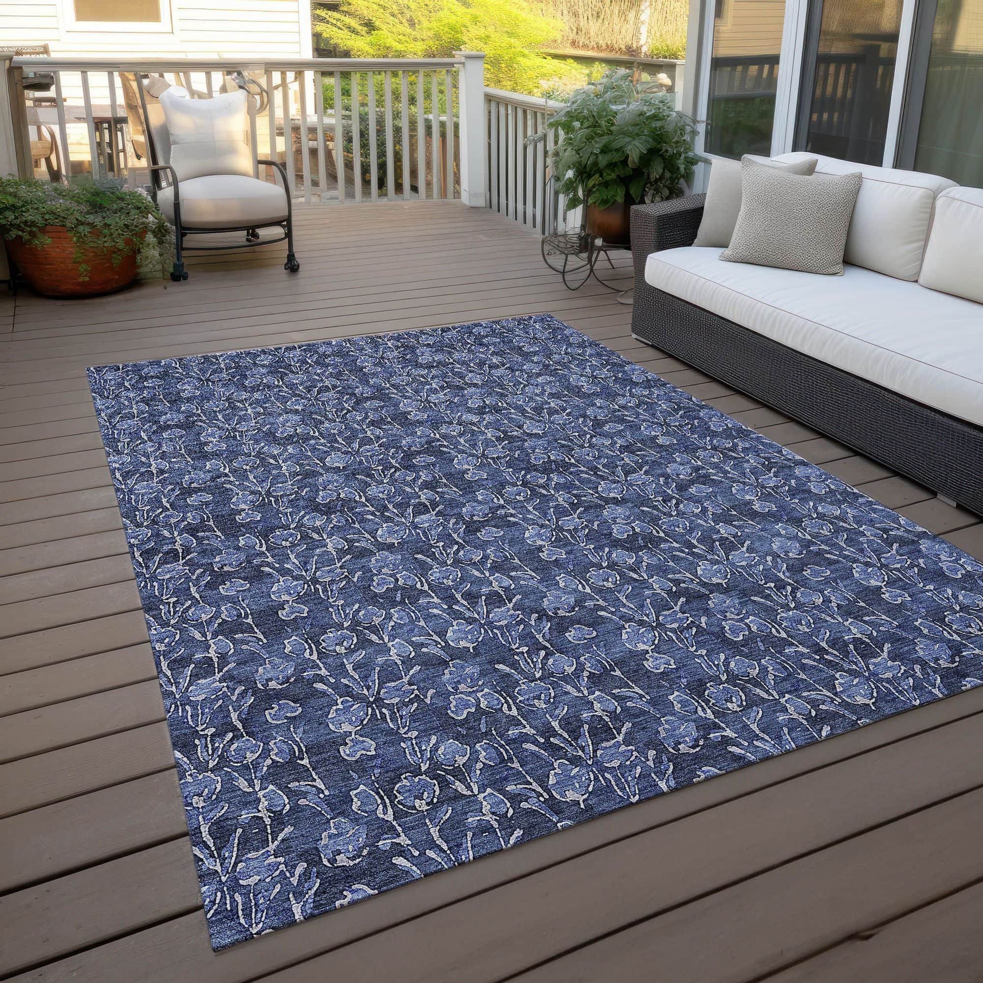 Machine Washable Navy Blue Rug - Indoor / Outdoor - Kids / Pet Friendly Floral Print Rug
