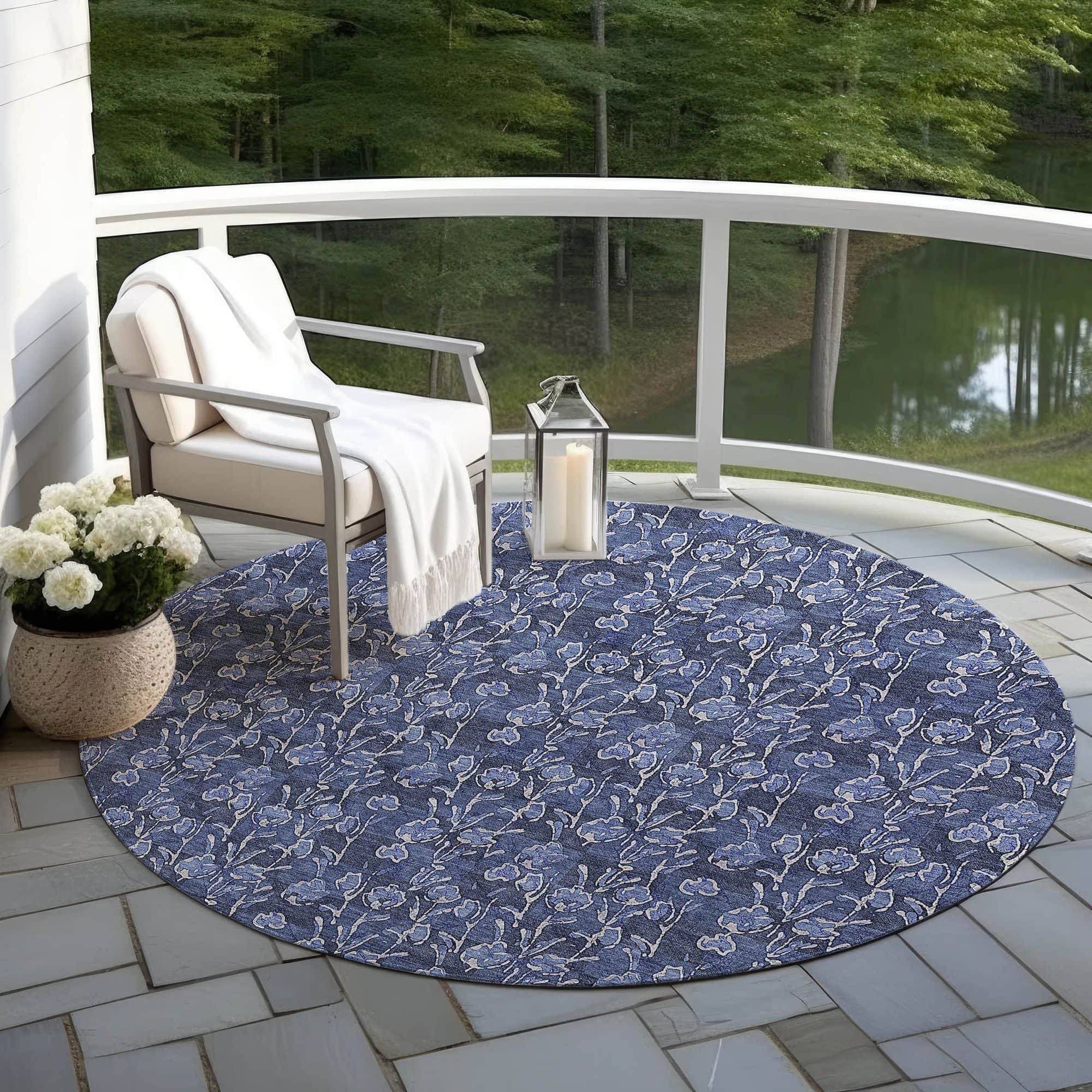 Machine Washable Navy Blue Rug - Indoor / Outdoor - Kids / Pet Friendly Floral Print Rug