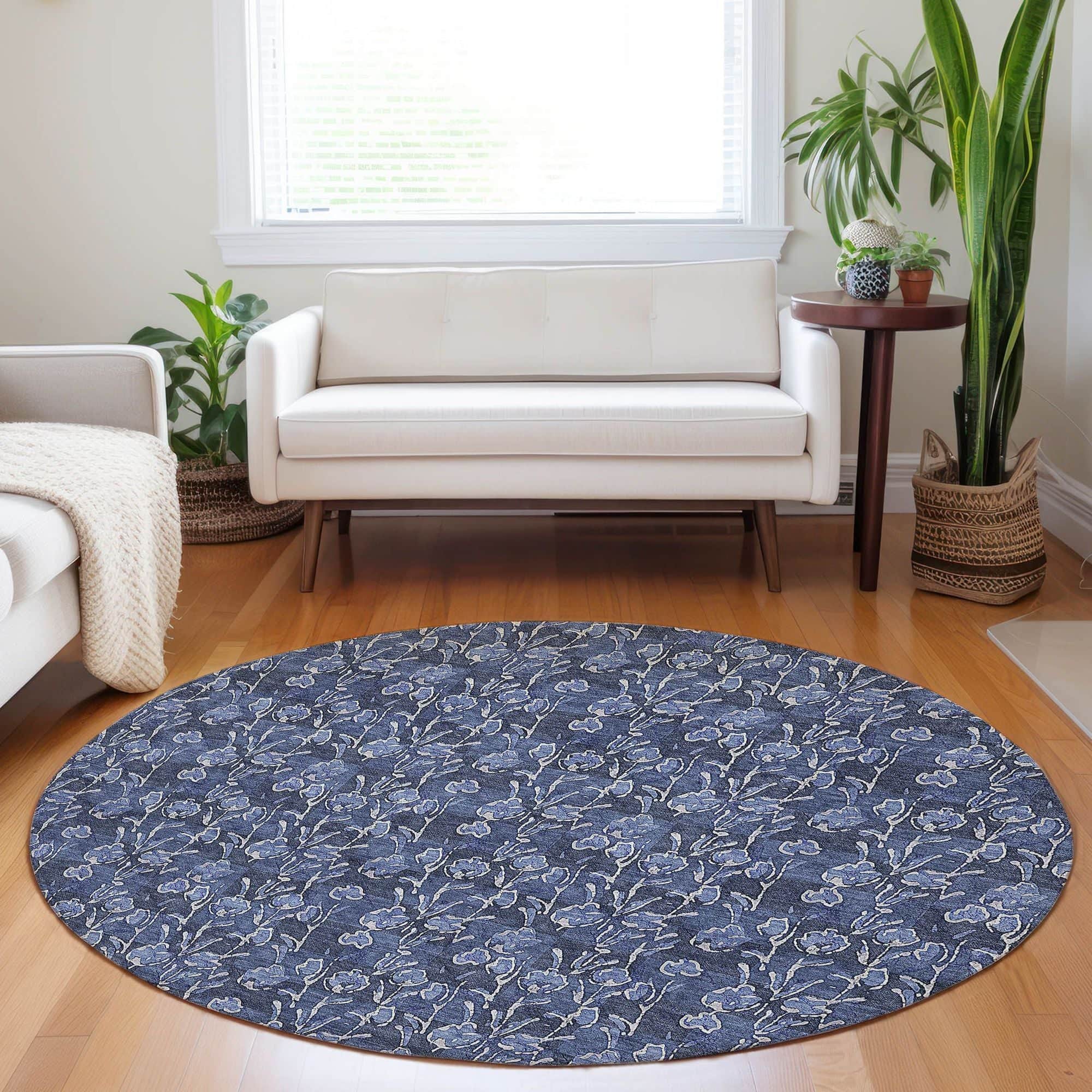 Machine Washable Navy Blue Rug - Indoor / Outdoor - Kids / Pet Friendly Floral Print Rug