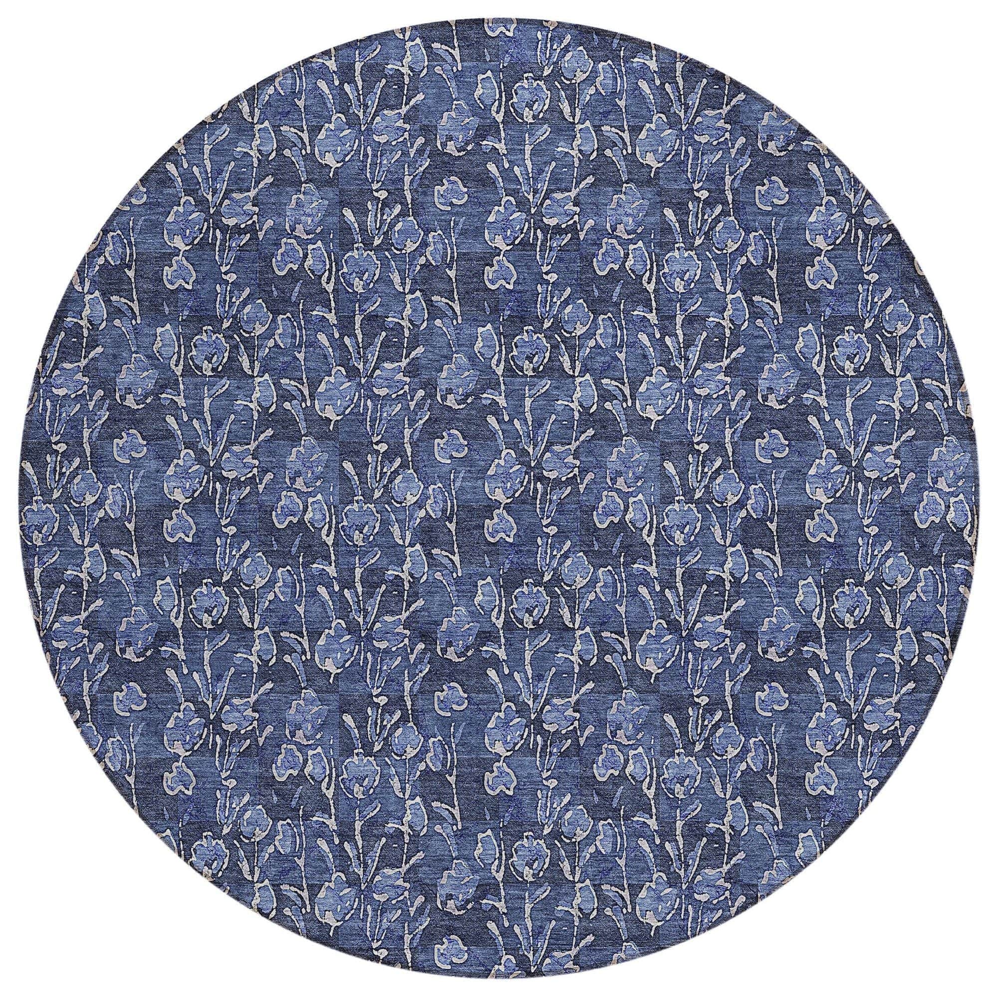 Machine Washable Navy Blue Rug - Indoor / Outdoor - Kids / Pet Friendly Floral Print Rug