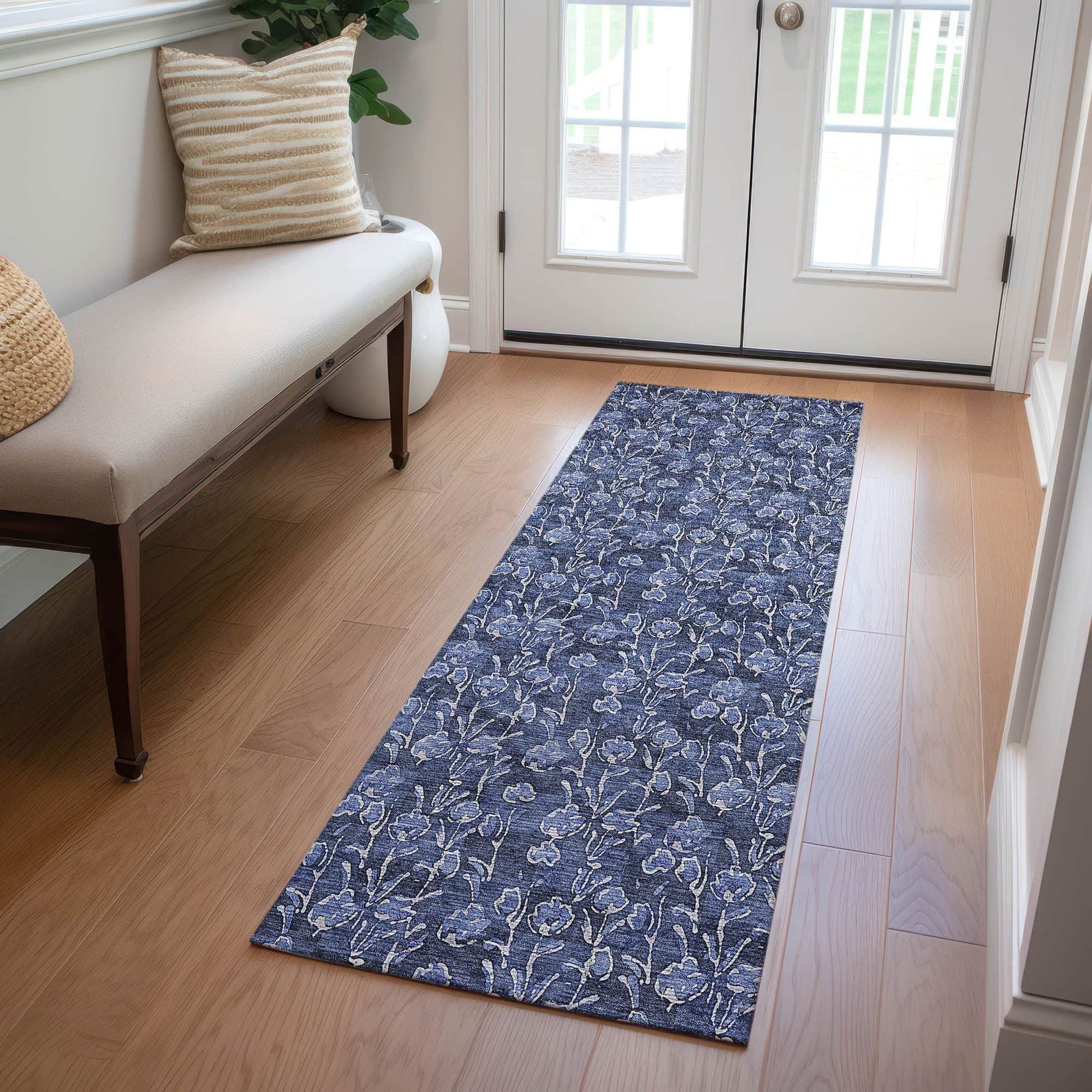 Machine Washable Navy Blue Rug - Indoor / Outdoor - Kids / Pet Friendly Floral Print Rug