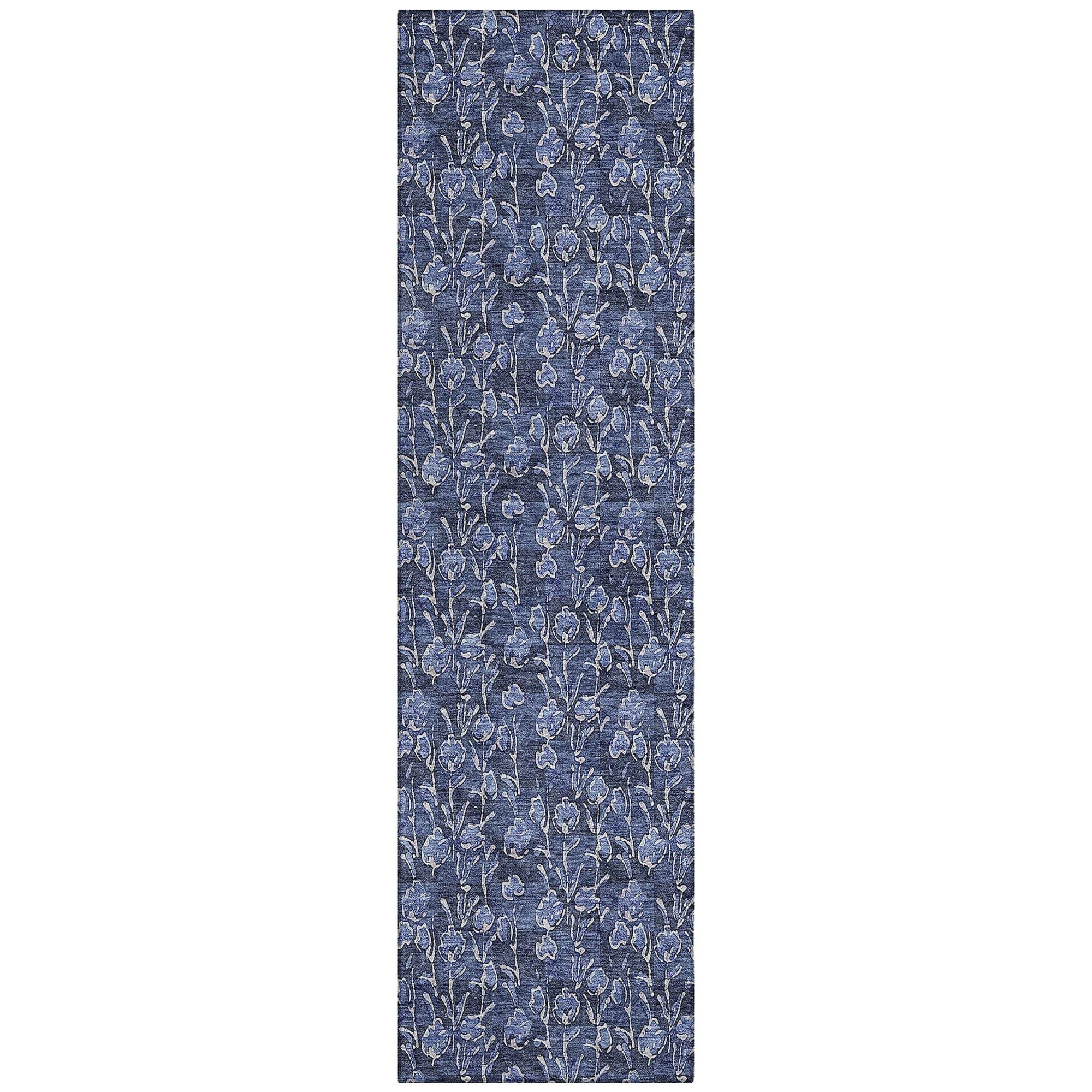 Machine Washable Navy Blue Rug - Indoor / Outdoor - Kids / Pet Friendly Floral Print Rug