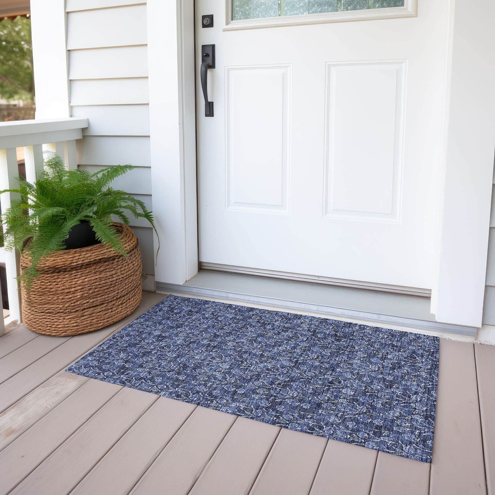 Machine Washable Navy Blue Rug - Indoor / Outdoor - Kids / Pet Friendly Floral Print Rug