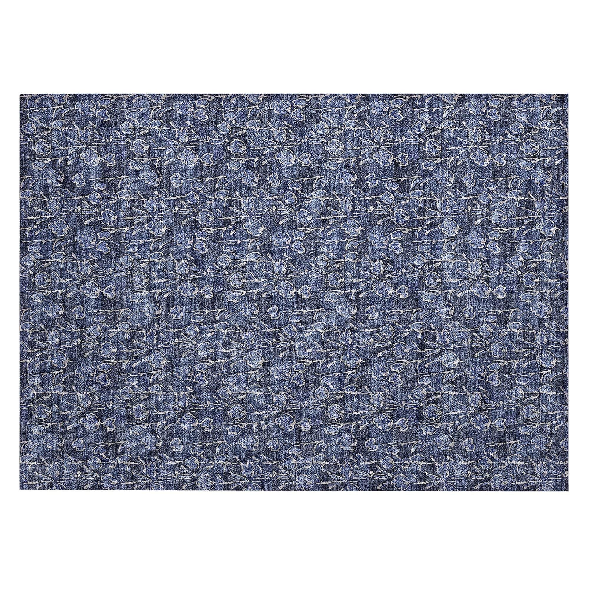 Machine Washable Navy Blue Rug - Indoor / Outdoor - Kids / Pet Friendly Floral Print Rug
