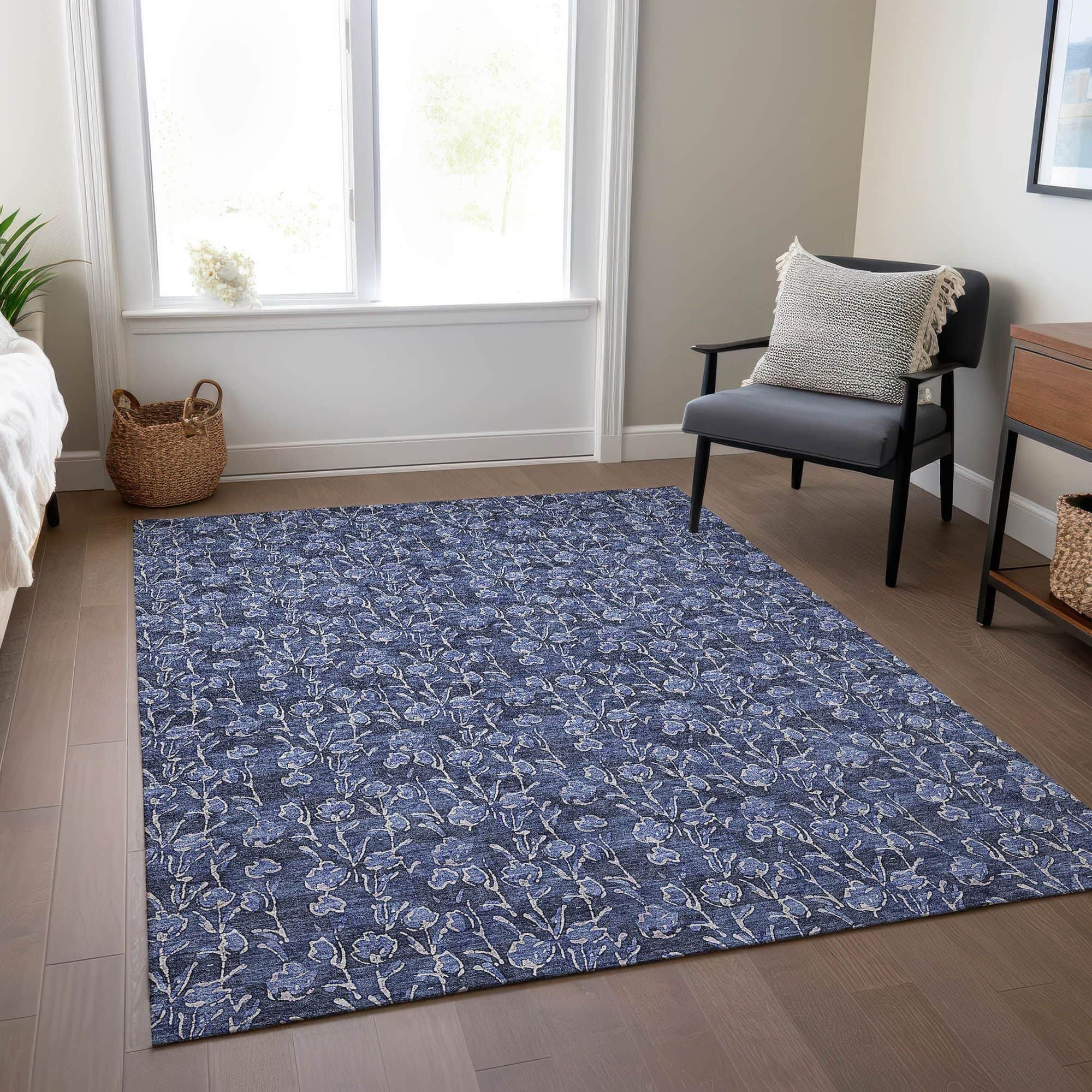Machine Washable Navy Blue Rug - Indoor / Outdoor - Kids / Pet Friendly Floral Print Rug