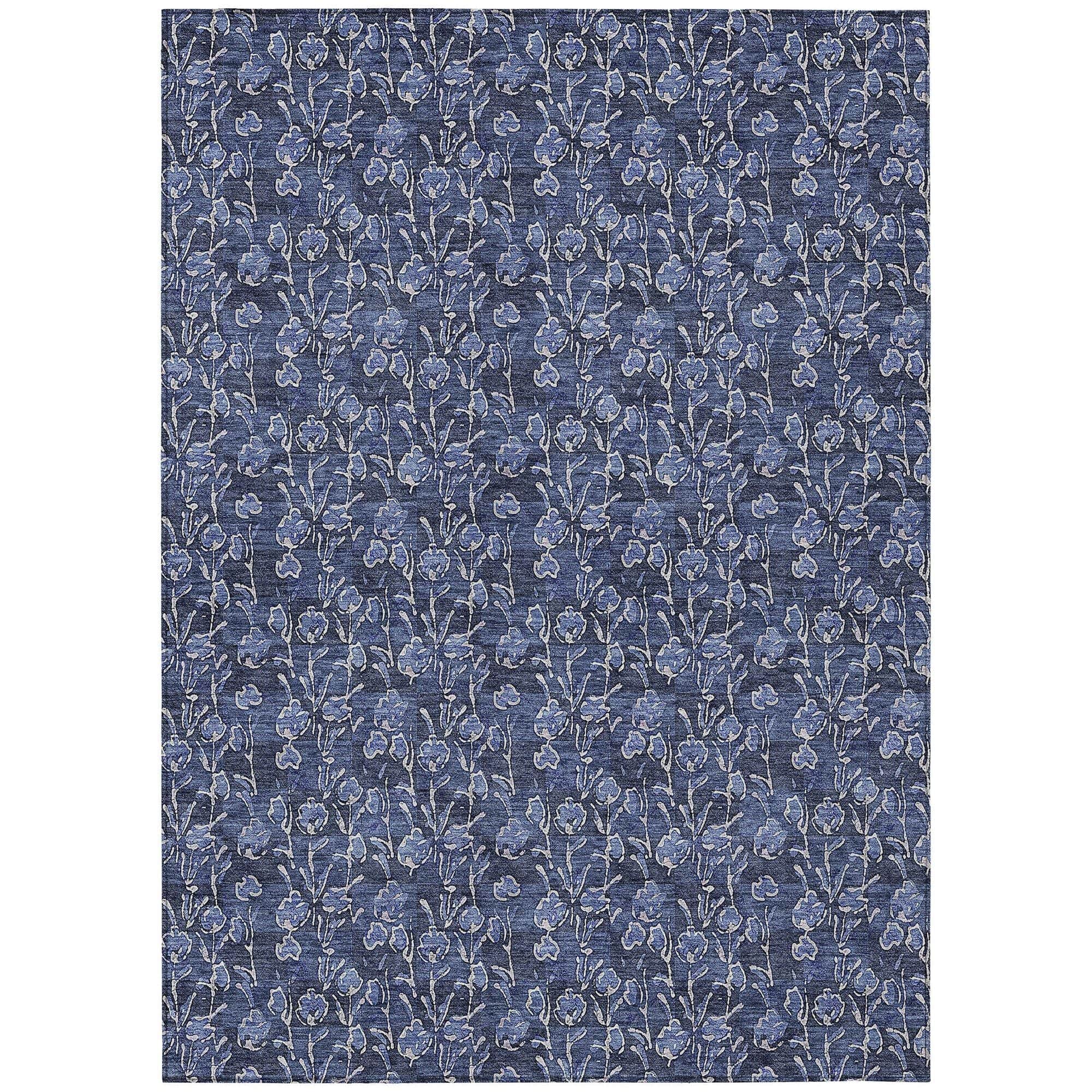 Machine Washable Navy Blue Rug - Indoor / Outdoor - Kids / Pet Friendly Floral Print Rug